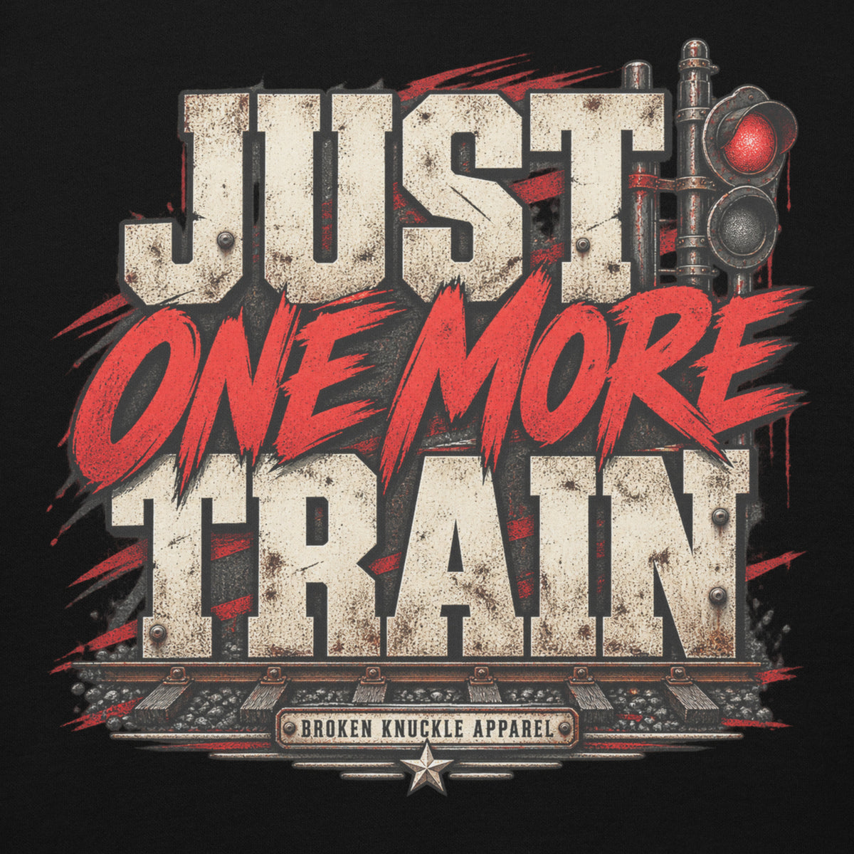 Black Just One More Train Grunge premium hoodie, alternate front view of distressed typography design