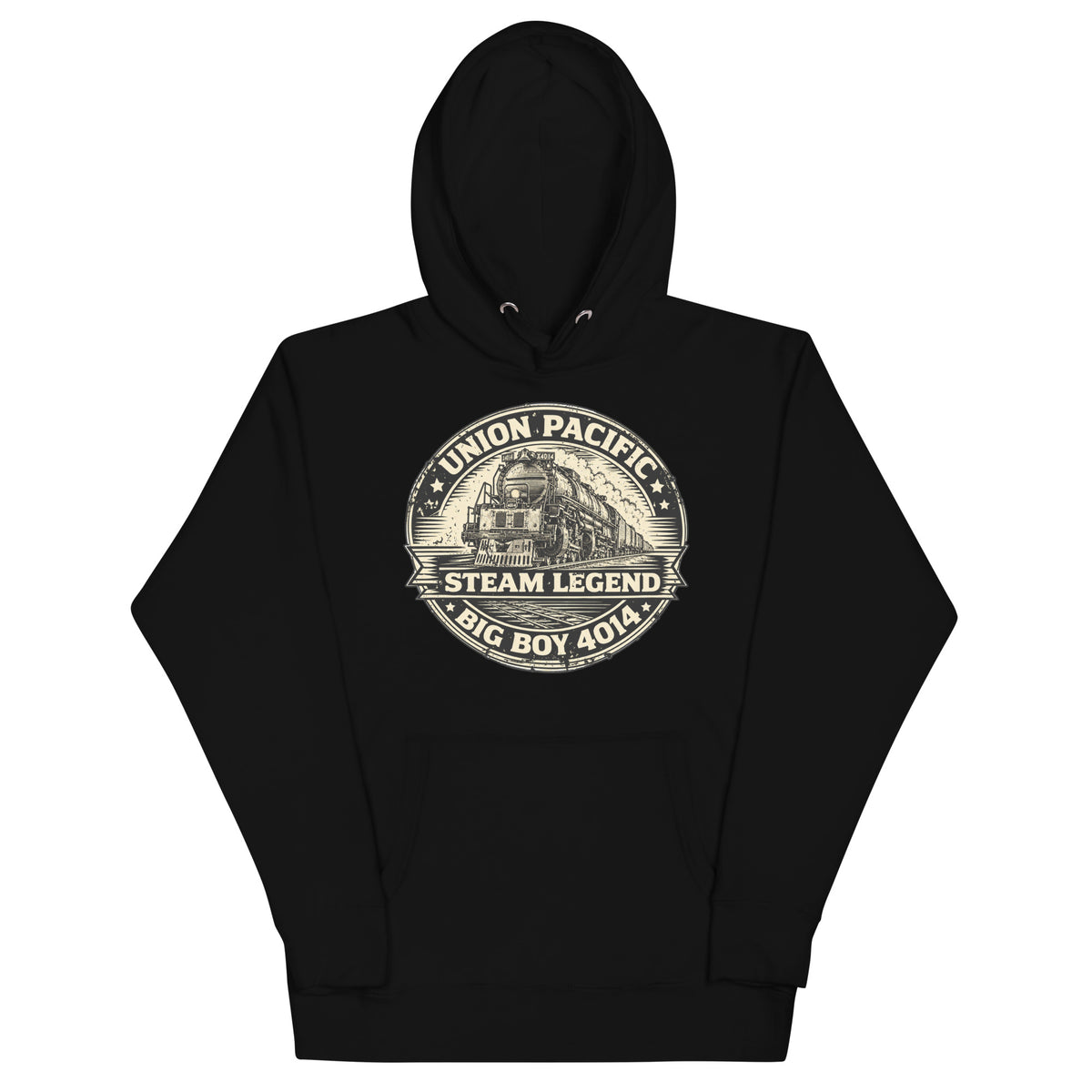 Steam Legend Premium Hoodie in black, front view showing the railroad-inspired graphic