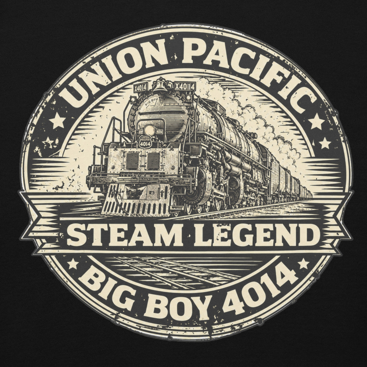 Steam Legend Premium Hoodie in black, alternate front mockup of the steam locomotive artwork