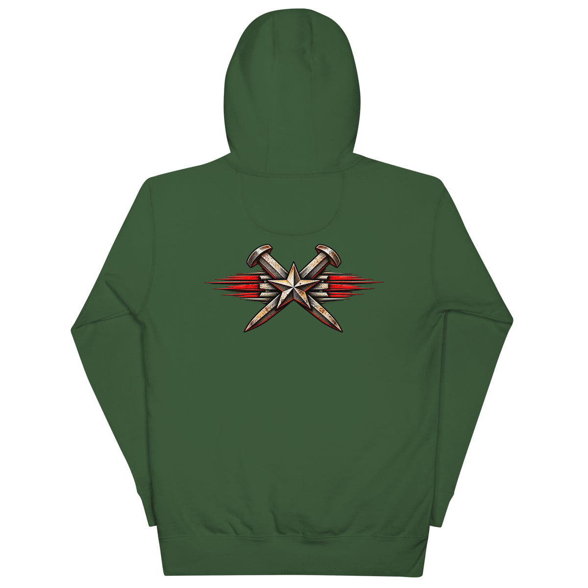 Forest Green Just One More Train premium railroad hoodie, back view with crossed spikes emblem