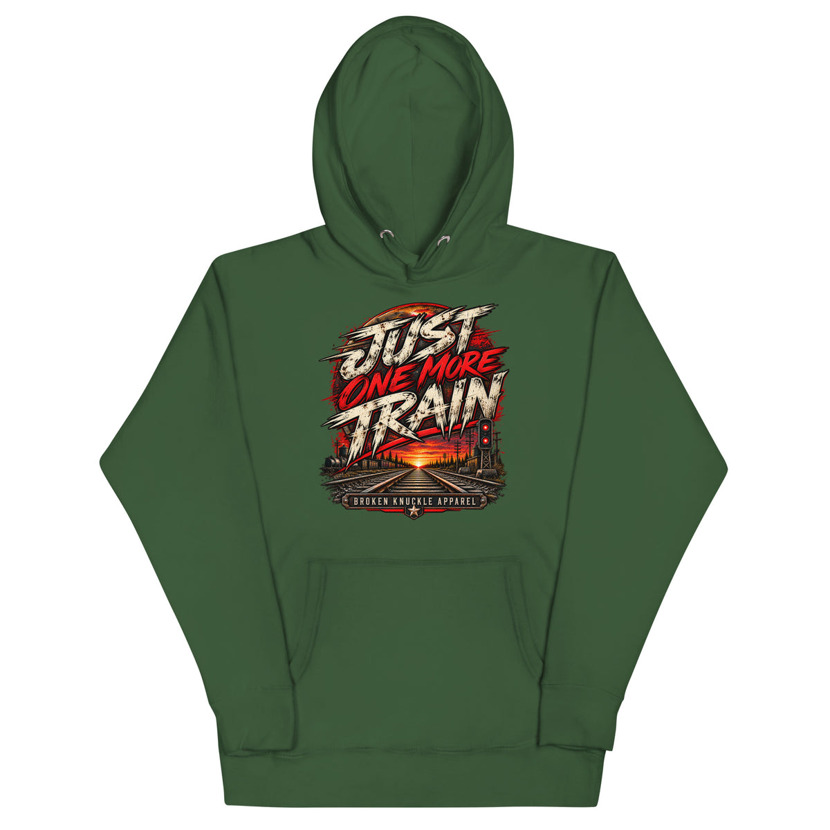 Forest Green Just One More Train premium railroad hoodie, front view with vintage railway graphic