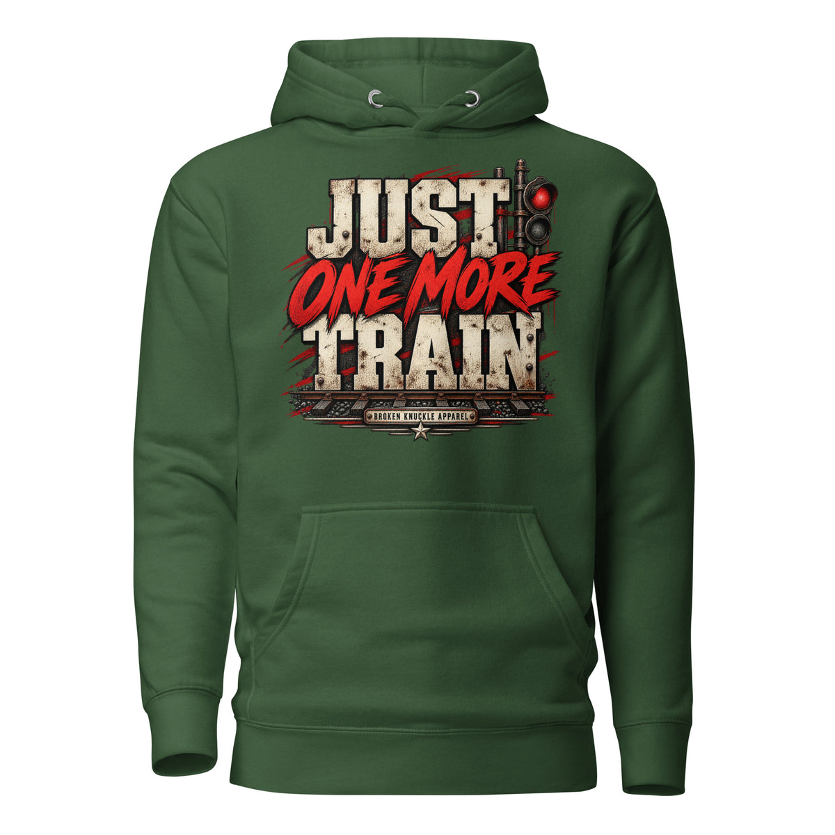 Forest Green Just One More Train Grunge premium railroad hoodie, front view