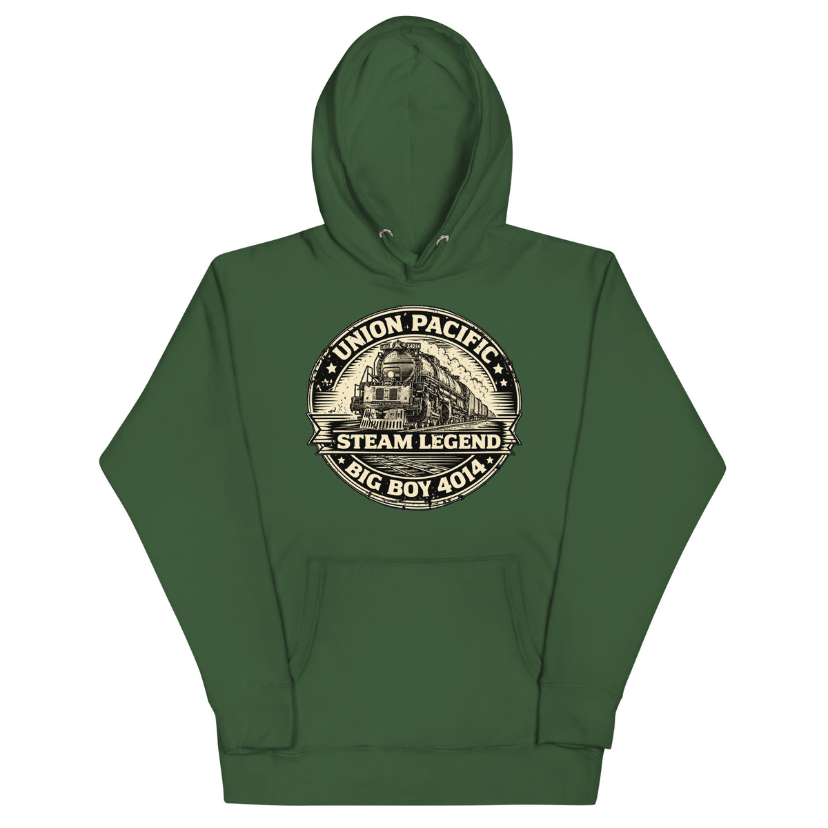 Steam Legend Premium Hoodie in Forest Green, front-view vintage steam locomotive design