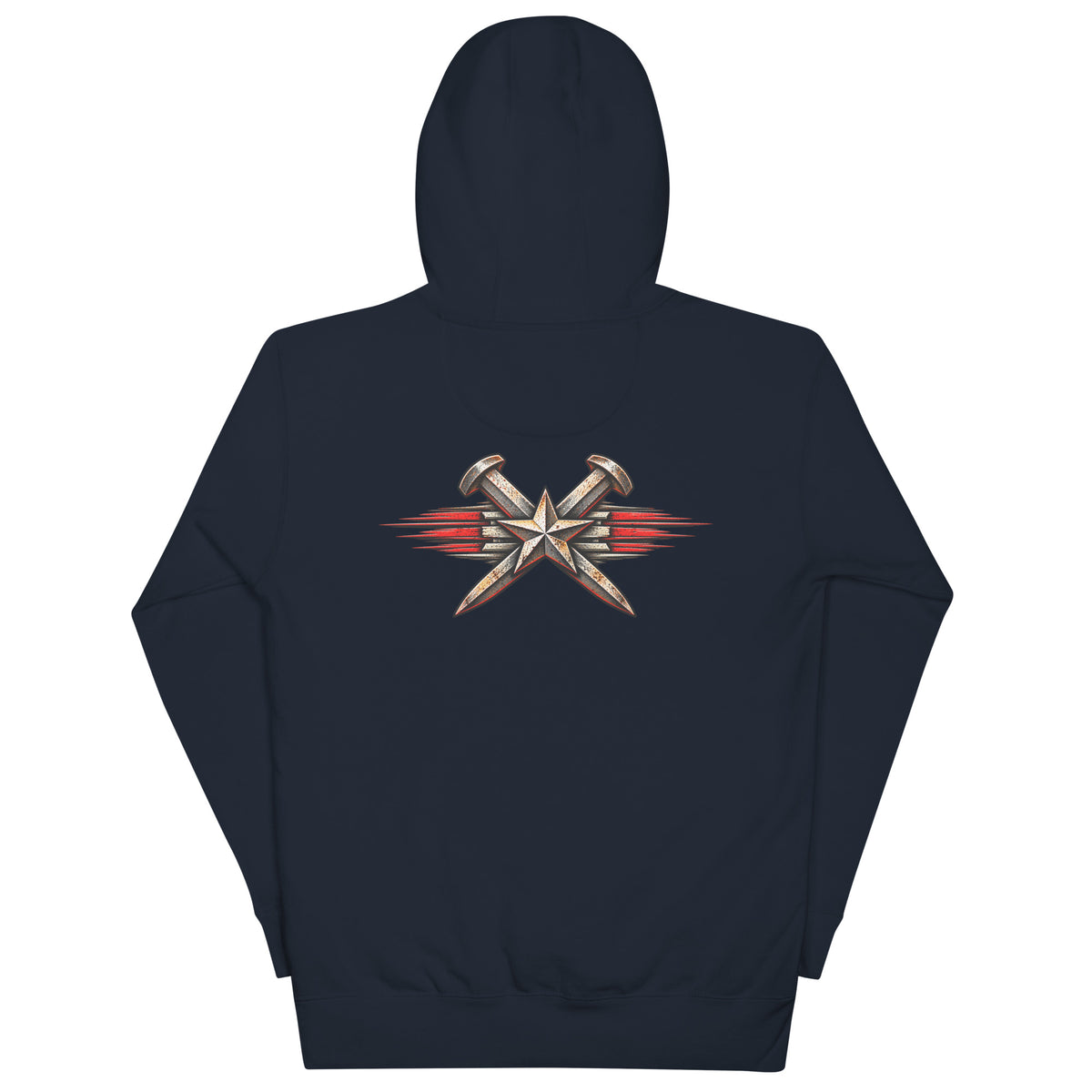 Navy Blazer Just One More Train premium railroad hoodie, back view with vintage crossed spikes emblem