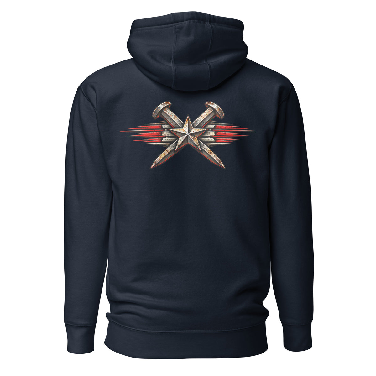 Navy Blazer Just One More Train Grunge railroad hoodie, back view