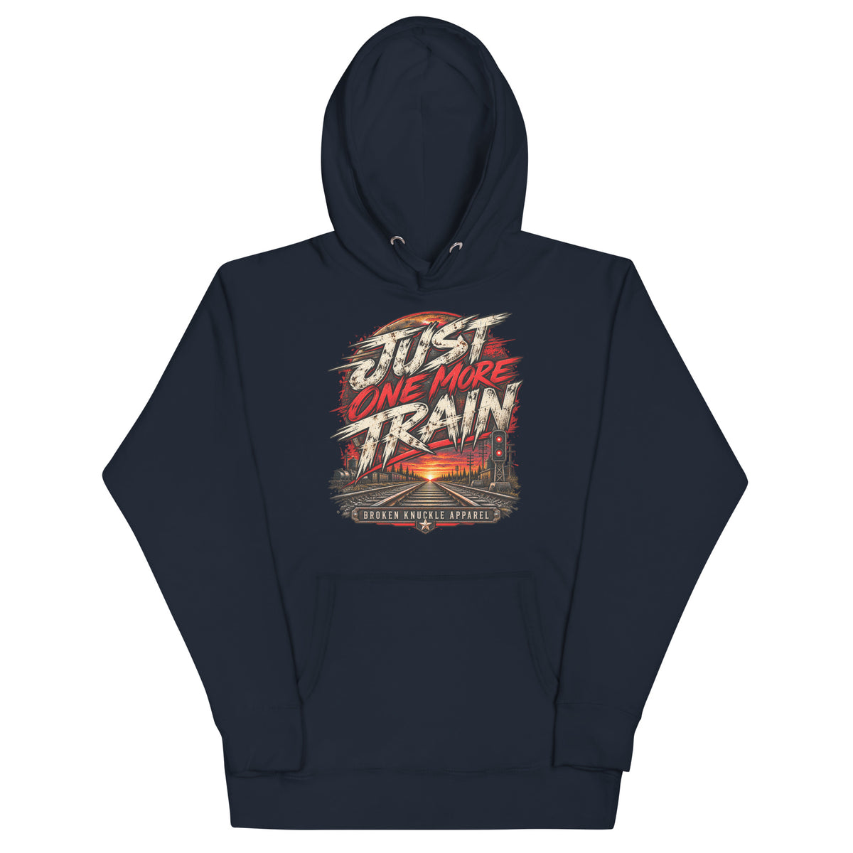 Navy Blazer Just One More Train premium railroad hoodie, front view with distressed railroad artwork