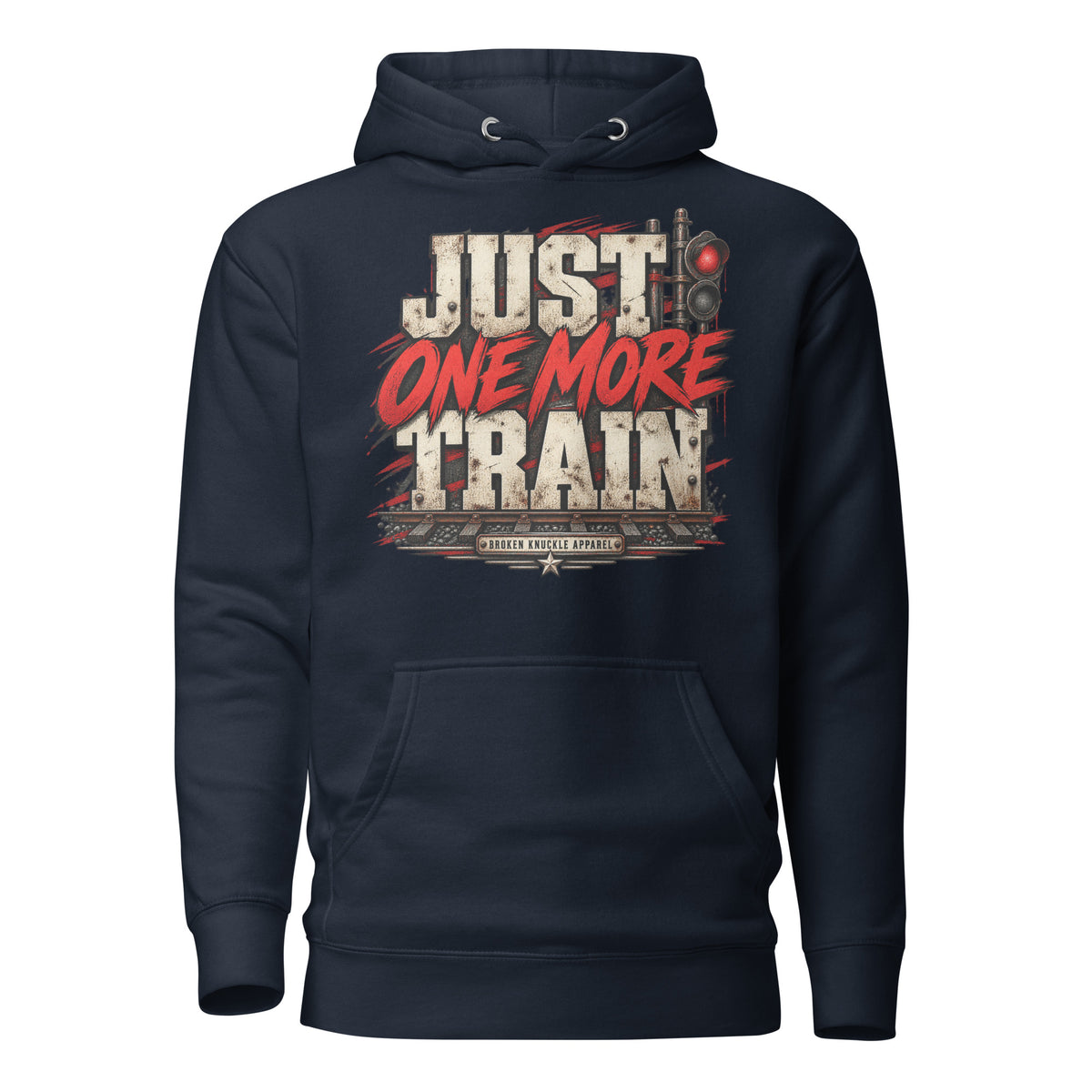 Navy Blazer Just One More Train Grunge railroad hoodie, front view