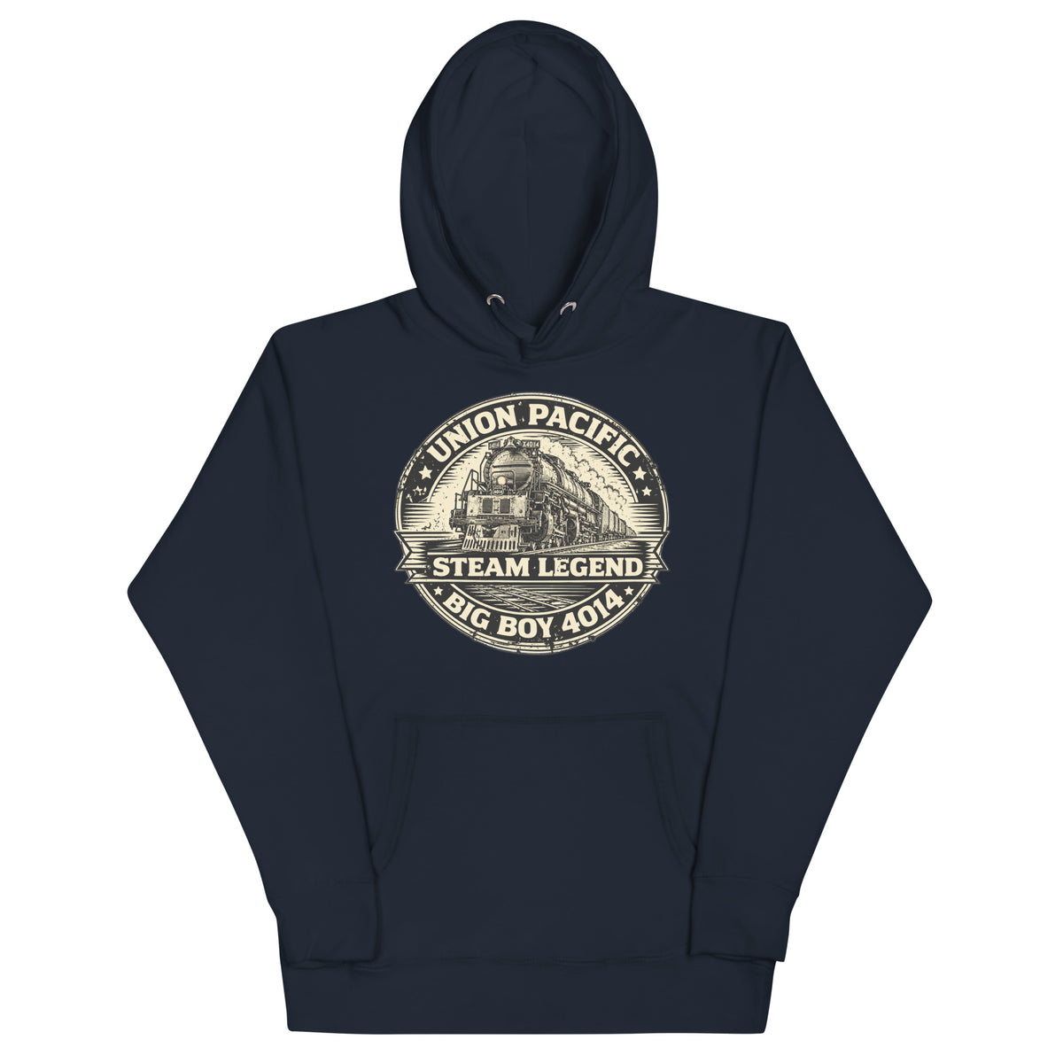 Steam Legend Premium Hoodie in Navy Blazer, front-view railroad graphic hoodie