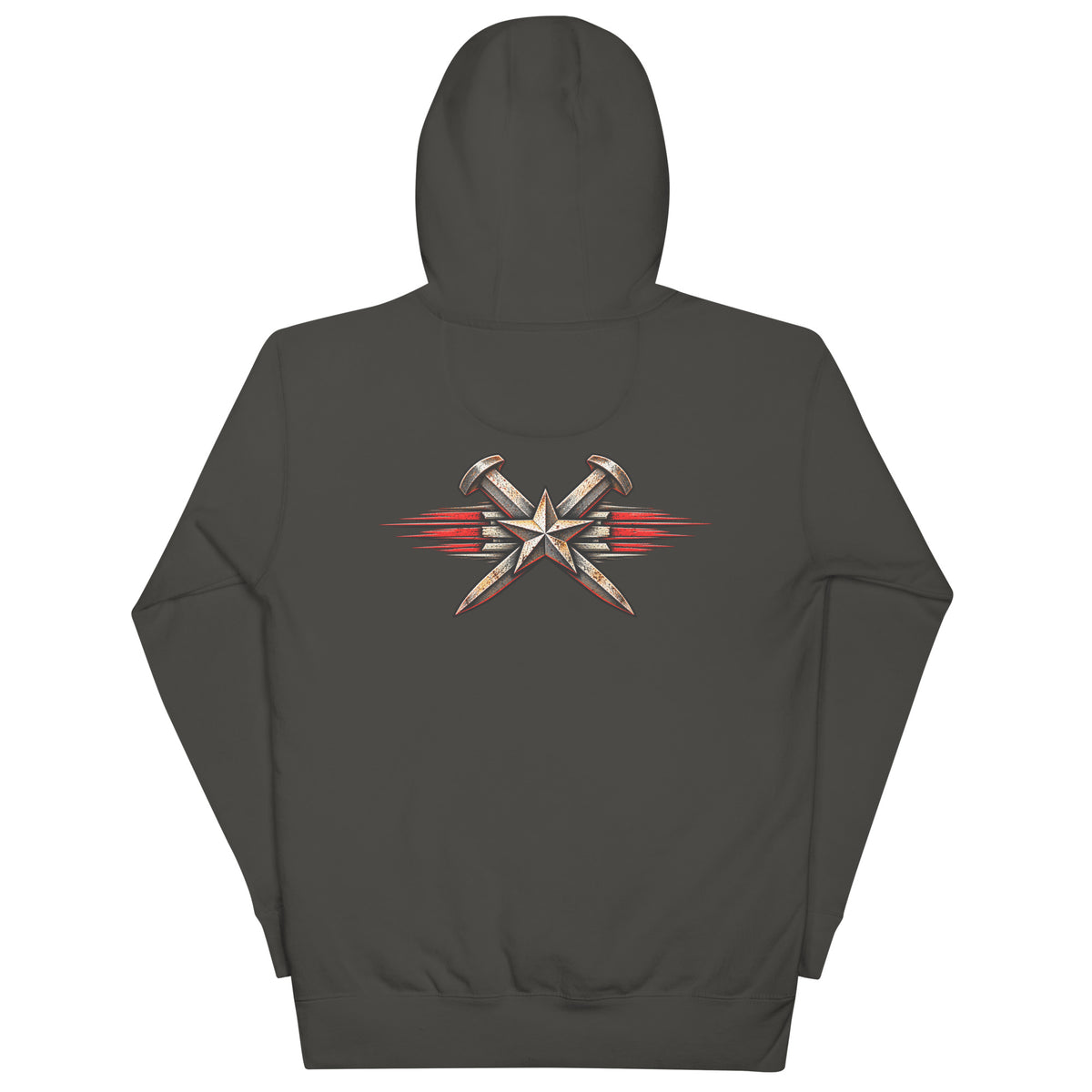 Vintage Black Just One More Train premium railroad hoodie, back view with crossed railroad spikes