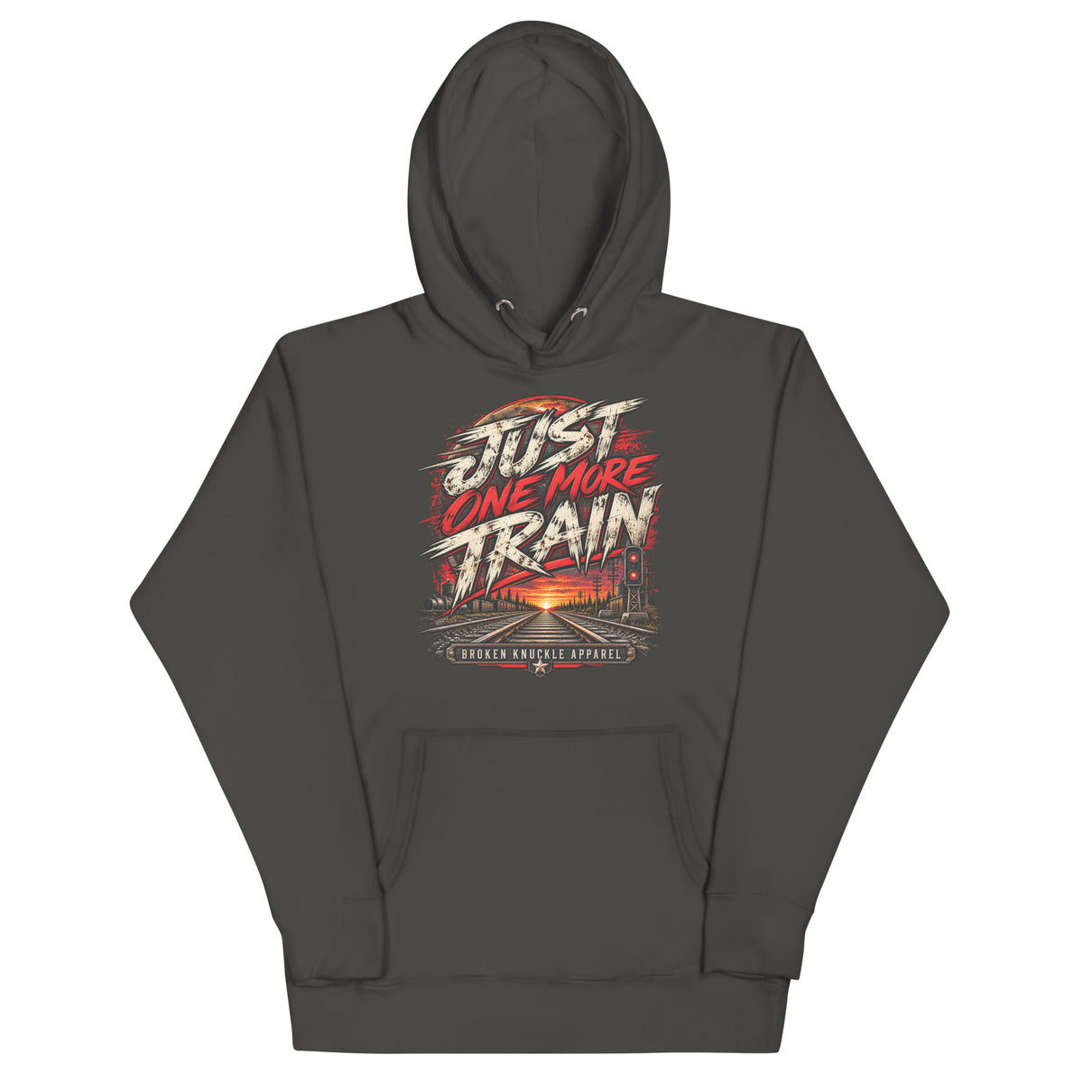 Vintage Black Just One More Train premium railroad hoodie, front view with distressed railfan design