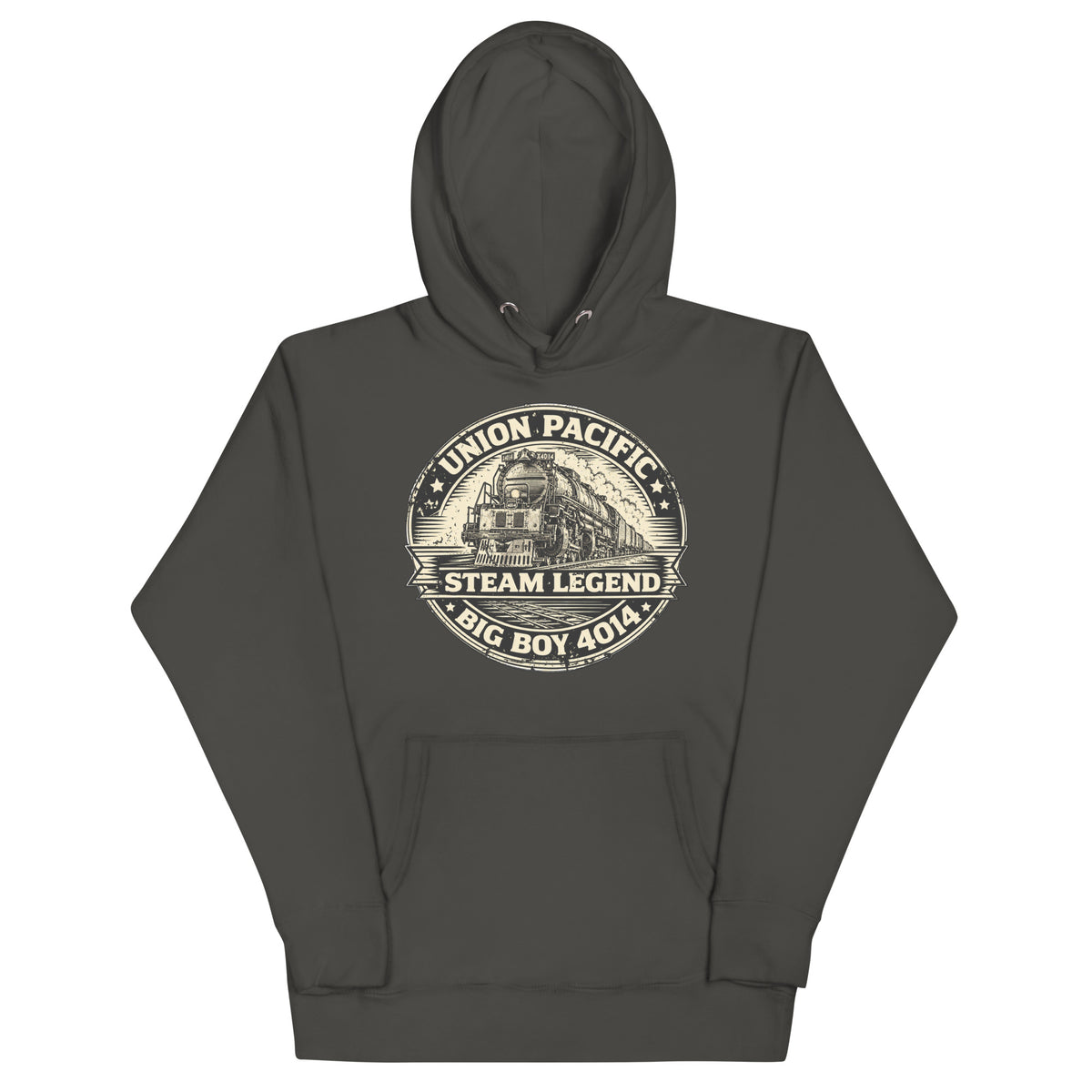 Steam Legend Premium Hoodie in Vintage Black, front-view railroad lifestyle design