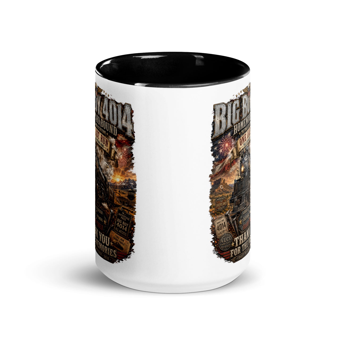 White 15-ounce coffee mug with a black handle and interior, featuring an intricate graphic of the Big Boy 4014 steam locomotive charging through a western landscape with a sunset and fireworks. Text reads "BIG BOY 4014", "HOMEWARD BOUND", "ONE LAST RUN", and "THANK YOU FOR THE MEMORIES". The design includes vintage ticket stubs and lists Greeley, Colorado and Cheyenne, Wyoming for the Grand Finale of the Coast to Coast Tour 2026.