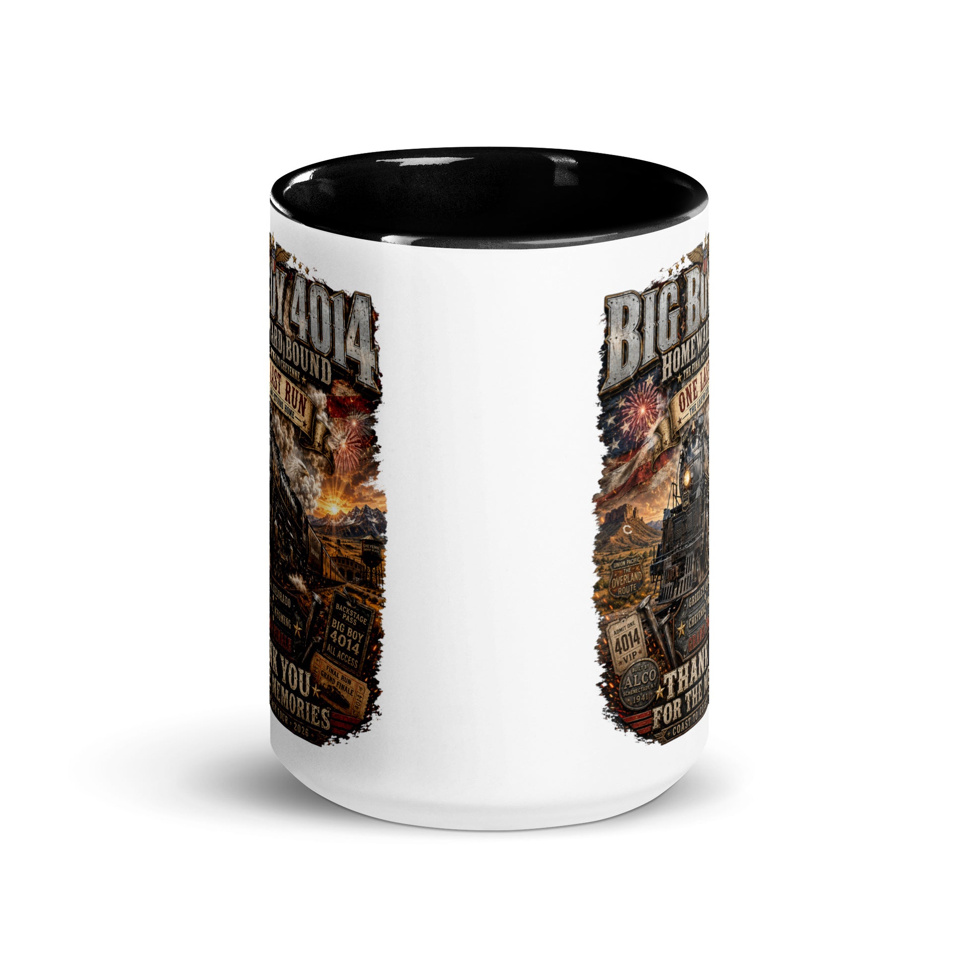 White 15-ounce coffee mug with a black handle and interior, featuring an intricate graphic of the Big Boy 4014 steam locomotive charging through a western landscape with a sunset and fireworks. Text reads "BIG BOY 4014", "HOMEWARD BOUND", "ONE LAST RUN", and "THANK YOU FOR THE MEMORIES". The design includes vintage ticket stubs and lists Greeley, Colorado and Cheyenne, Wyoming for the Grand Finale of the Coast to Coast Tour 2026.