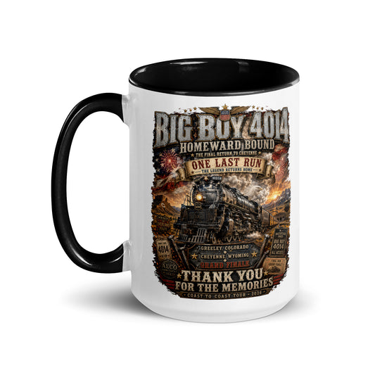 White 15-ounce coffee mug with a black handle and interior, featuring an intricate graphic of the Big Boy 4014 steam locomotive charging through a western landscape with a sunset and fireworks. Text reads "BIG BOY 4014", "HOMEWARD BOUND", "ONE LAST RUN", and "THANK YOU FOR THE MEMORIES". The design includes vintage ticket stubs and lists Greeley, Colorado and Cheyenne, Wyoming for the Grand Finale of the Coast to Coast Tour 2026.