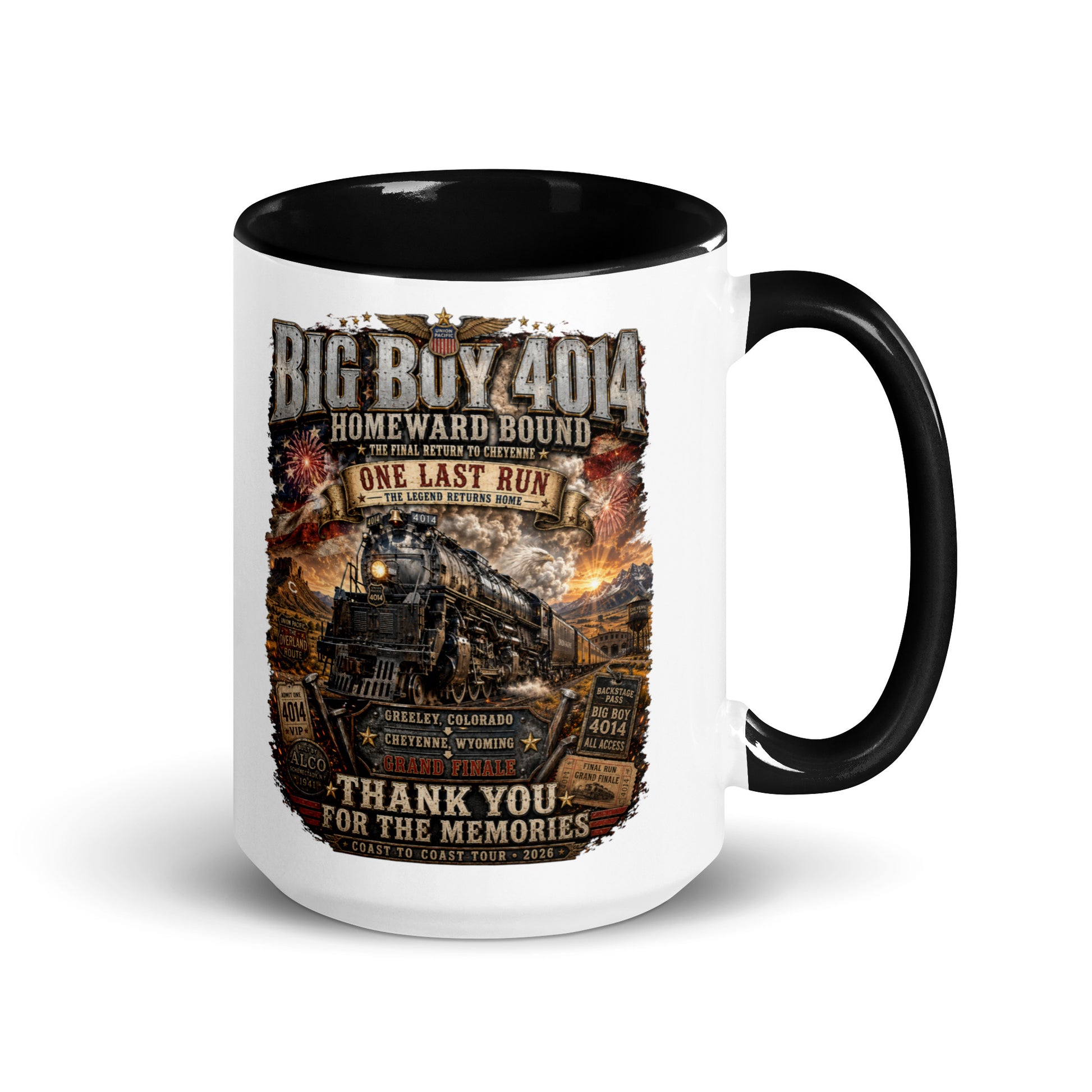 White 15-ounce coffee mug with a black handle and interior, featuring an intricate graphic of the Big Boy 4014 steam locomotive charging through a western landscape with a sunset and fireworks. Text reads "BIG BOY 4014", "HOMEWARD BOUND", "ONE LAST RUN", and "THANK YOU FOR THE MEMORIES". The design includes vintage ticket stubs and lists Greeley, Colorado and Cheyenne, Wyoming for the Grand Finale of the Coast to Coast Tour 2026.