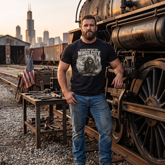 Man standing next to a vintage steam locomotive with a city skyline in the background wearing a Black t-shirt featuring a graphic of a steam locomotive emerging from smoke in front of a city skyline, with text reading "STEAM THROUGH THE WINDY CITY" at the top and "CHICAGO, IL - 2026" at the bottom.