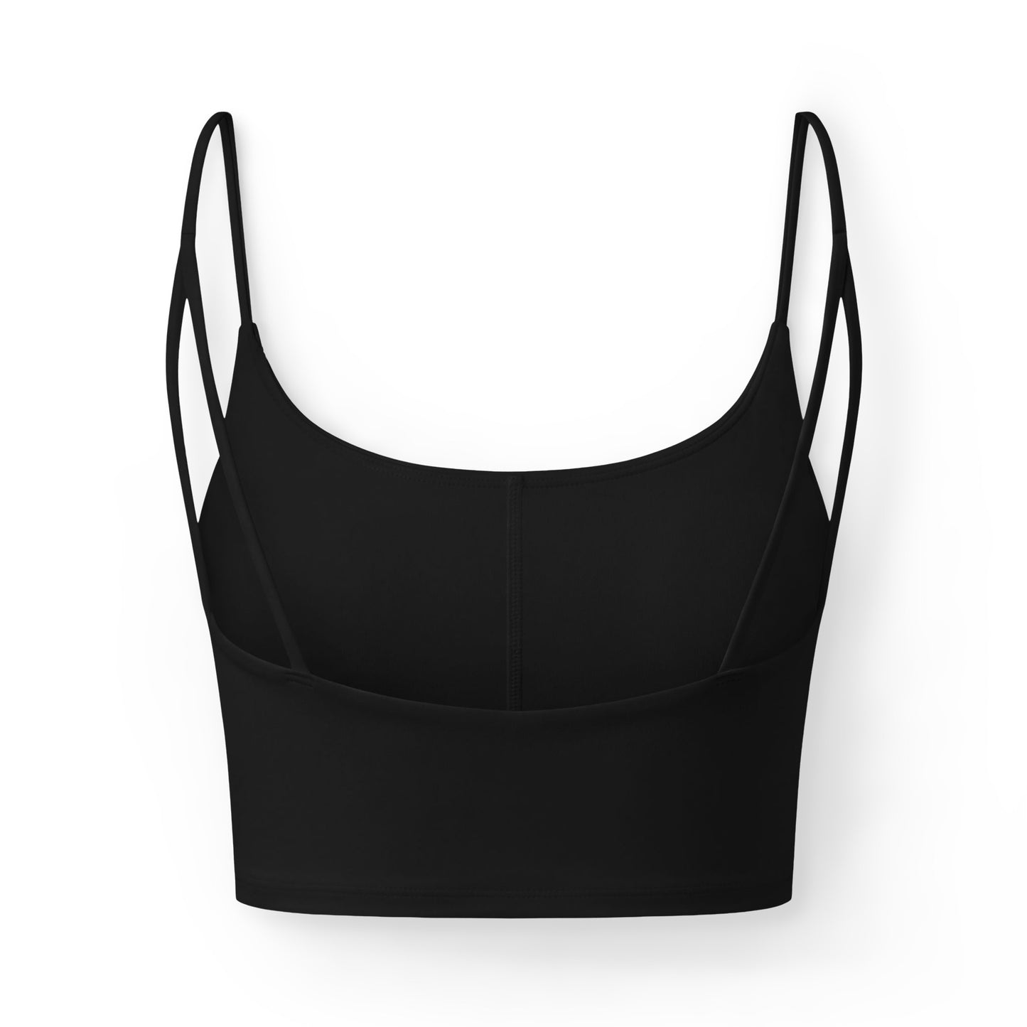 Black women's luxe sports bra with thin double shoulder straps. The lower right side features a gold graphic of a front-facing steam locomotive above the text "4014 TOUR 2026".
