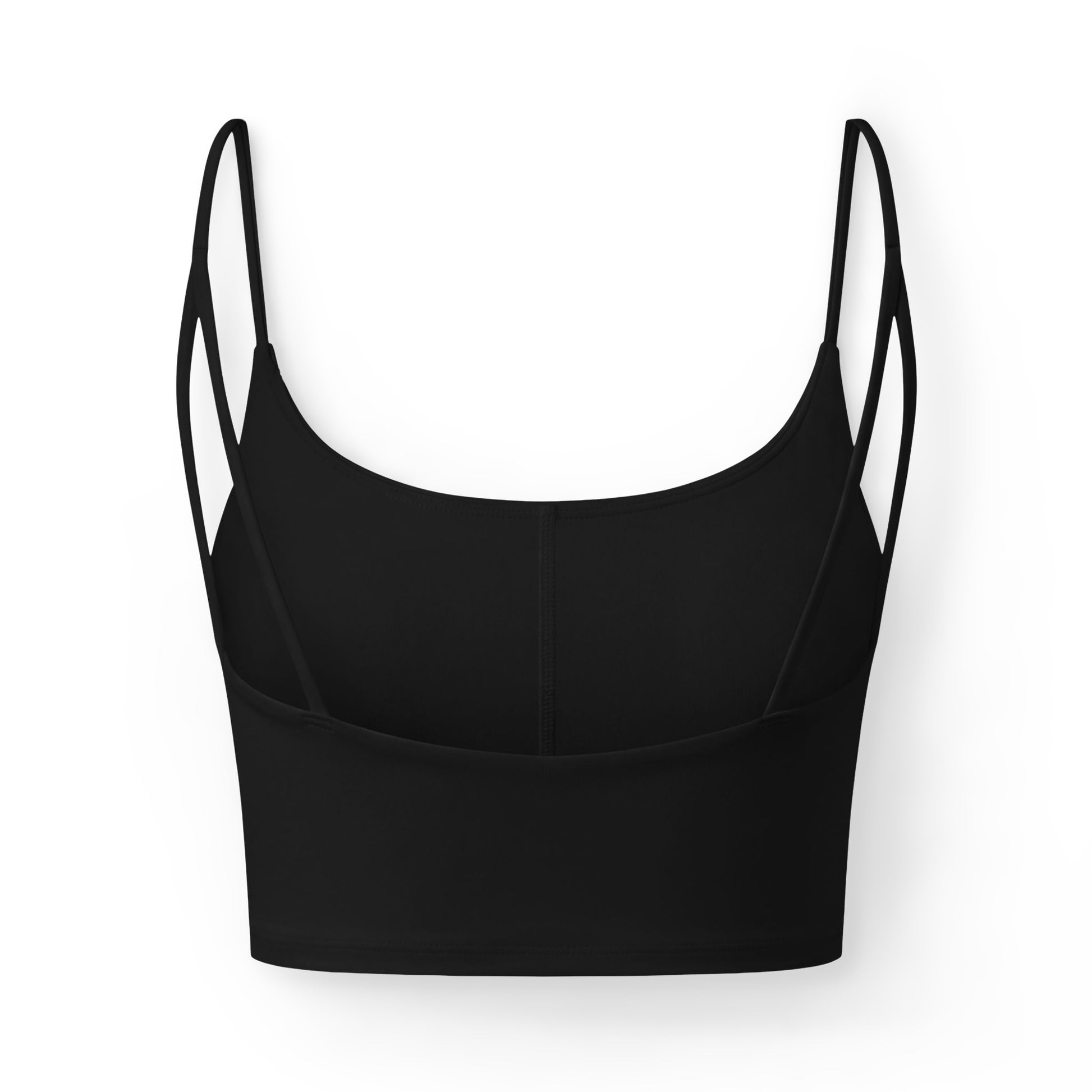 Black women's luxe sports bra with thin double shoulder straps. The lower right side features a gold graphic of a front-facing steam locomotive above the text "4014 TOUR 2026".