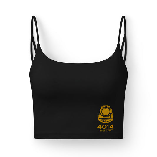 Black women's luxe sports bra with thin double shoulder straps. The lower right side features a gold graphic of a front-facing steam locomotive above the text "4014 TOUR 2026".