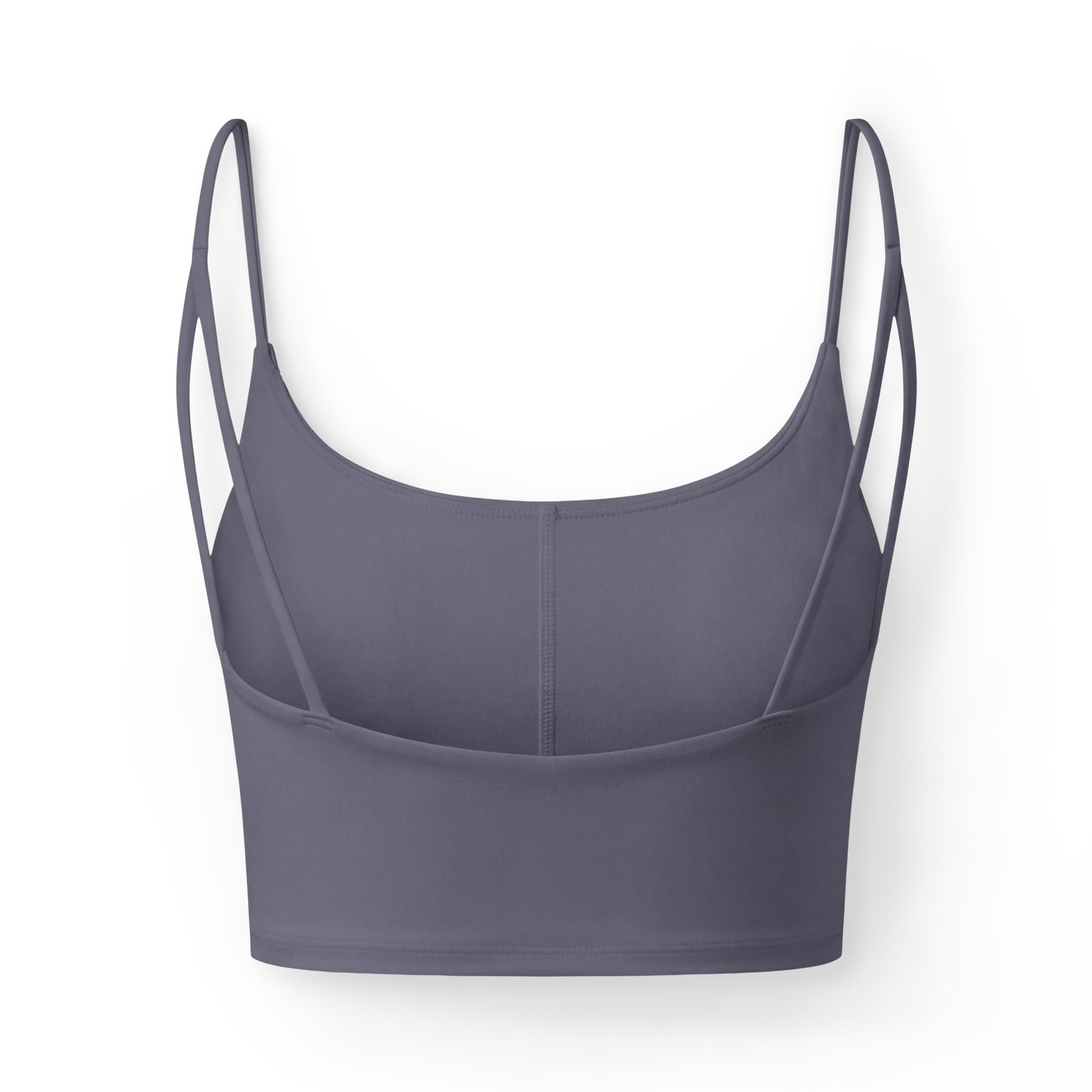 Gray women's luxe sports bra with thin double shoulder straps. The lower right side features a gold graphic of a front-facing steam locomotive above the text "4014 TOUR 2026".