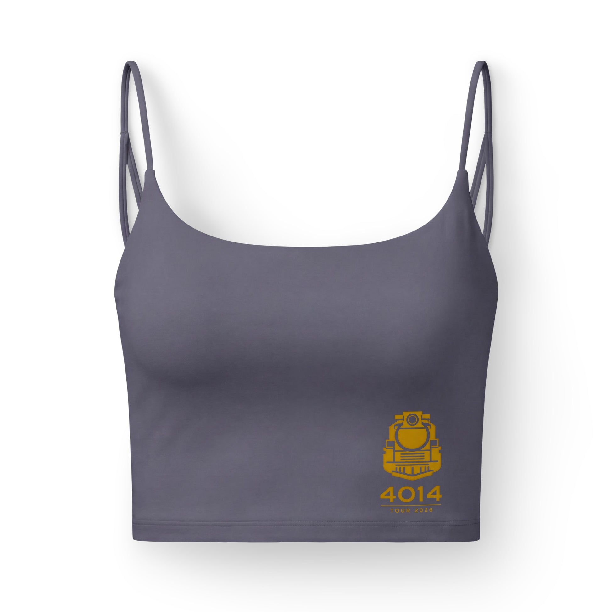 Gray women's luxe sports bra with thin double shoulder straps. The lower right side features a gold graphic of a front-facing steam locomotive above the text "4014 TOUR 2026".