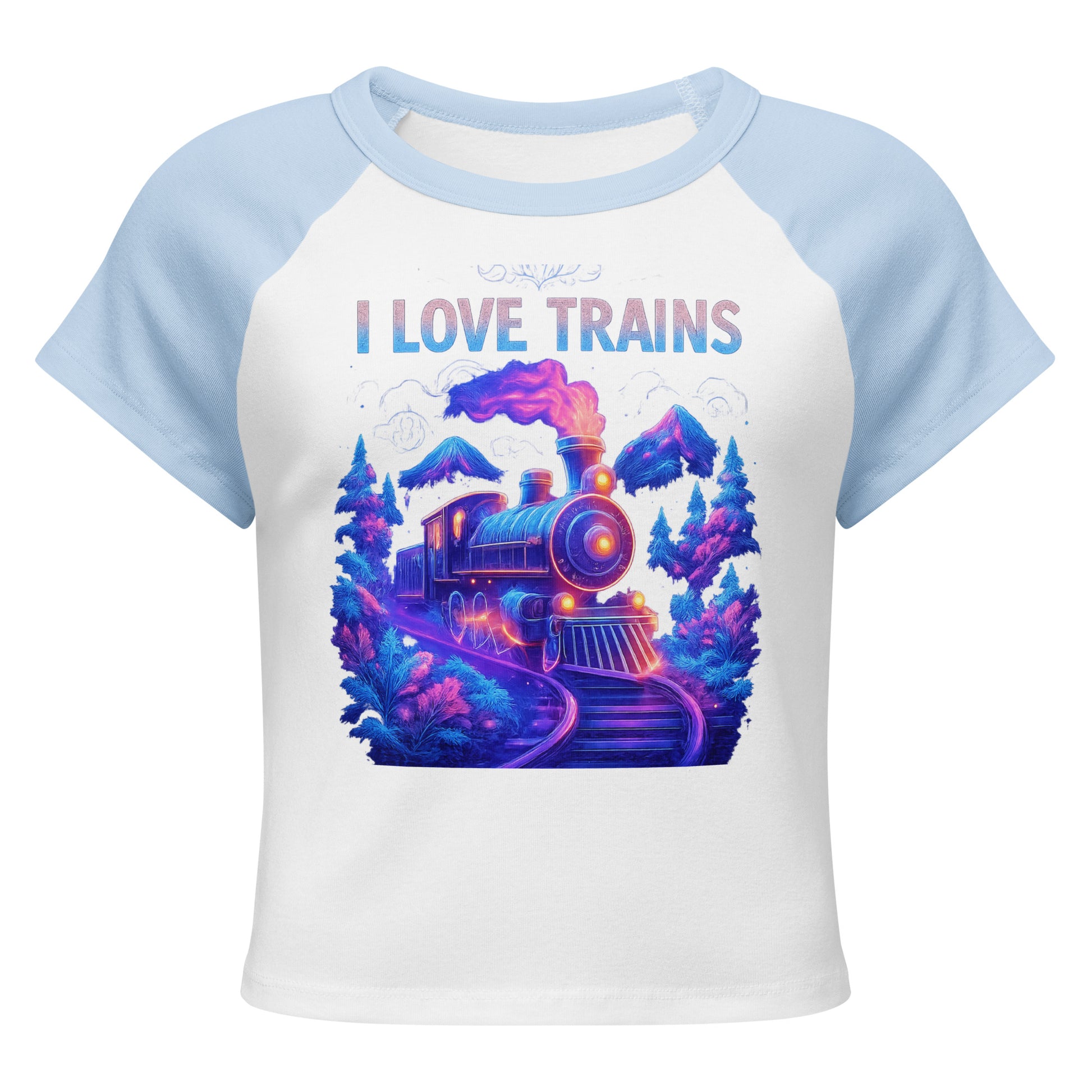 ladies t-shirt with a train design and 'I Love Trains' text on a white background