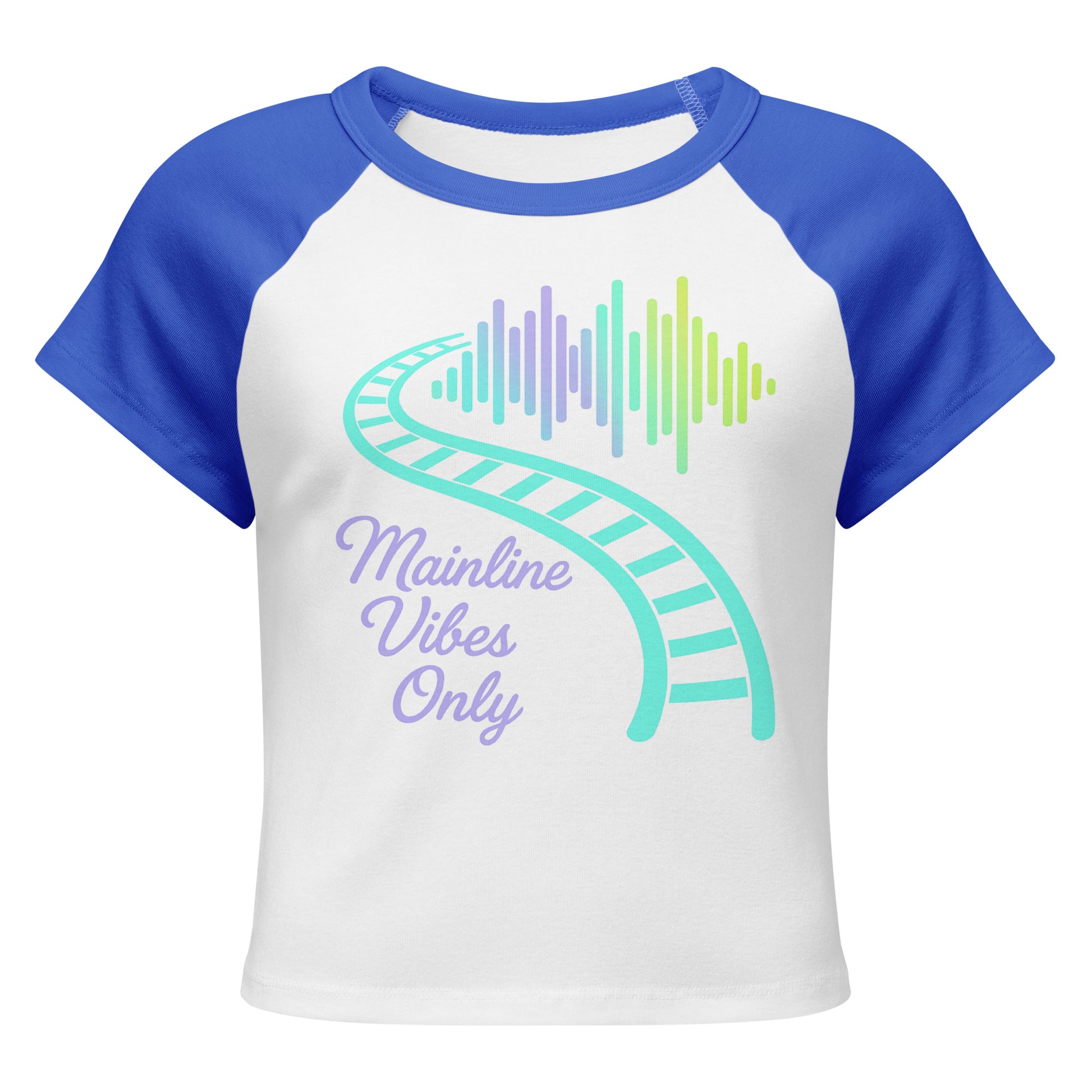 White and blue baseball shirt with colorful sound wave design and text on a white background