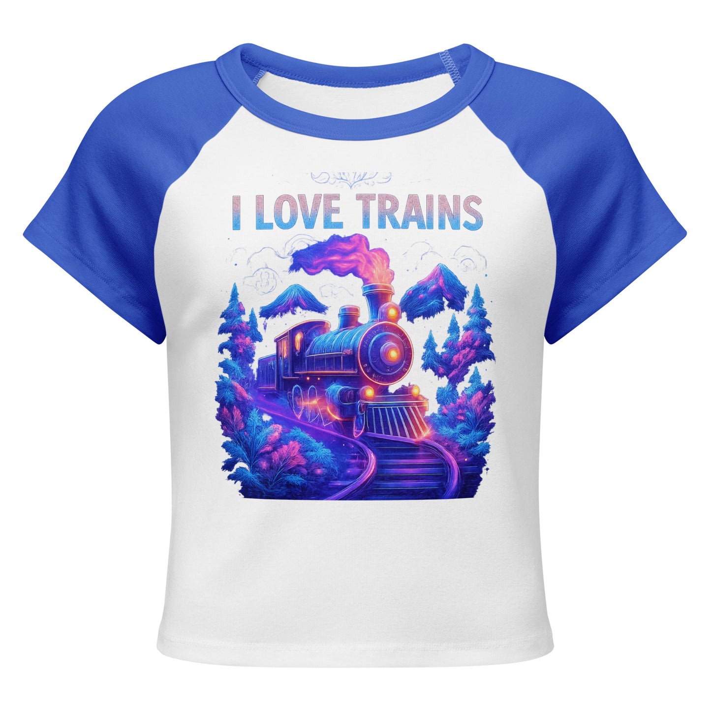 T-shirt with a train design and 'I Love Trains' text on a white background