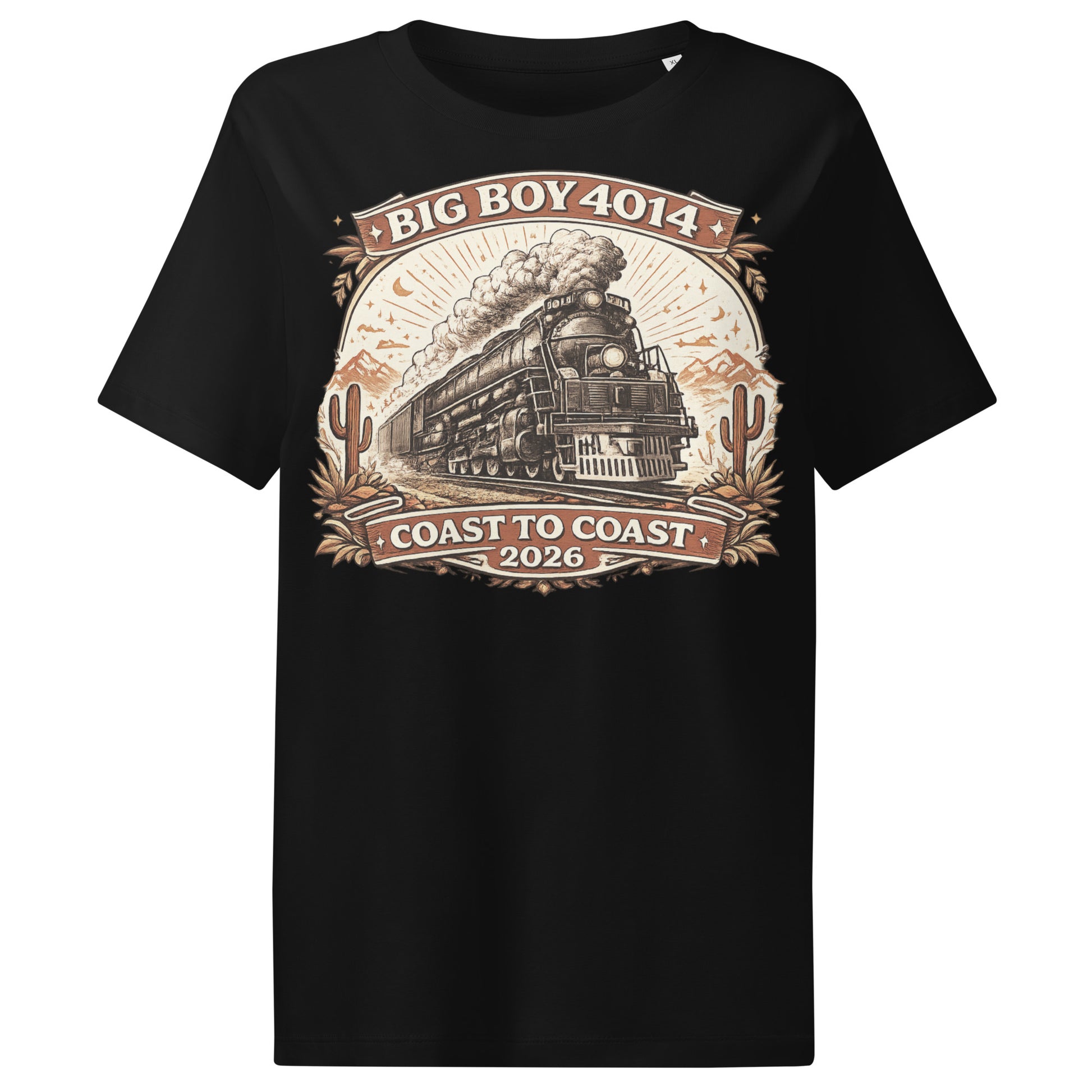 Black t-shirt with a train graphic and text on a white background