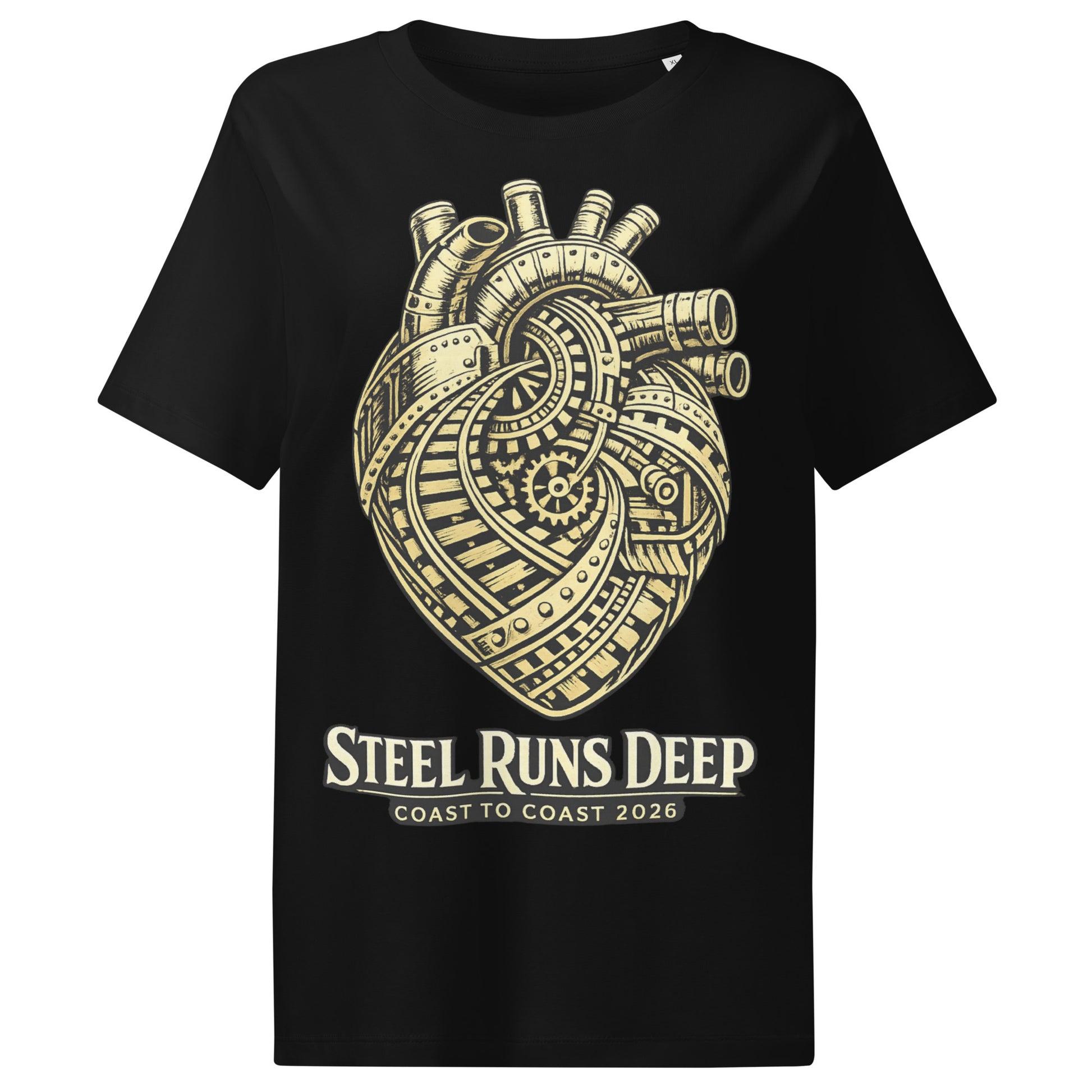 Black women's t-shirt featuring an intricate vintage illustration of a mechanical heart made of train tracks and gears, with text reading "Steel Runs Deep" and "Coast to Coast 2026".