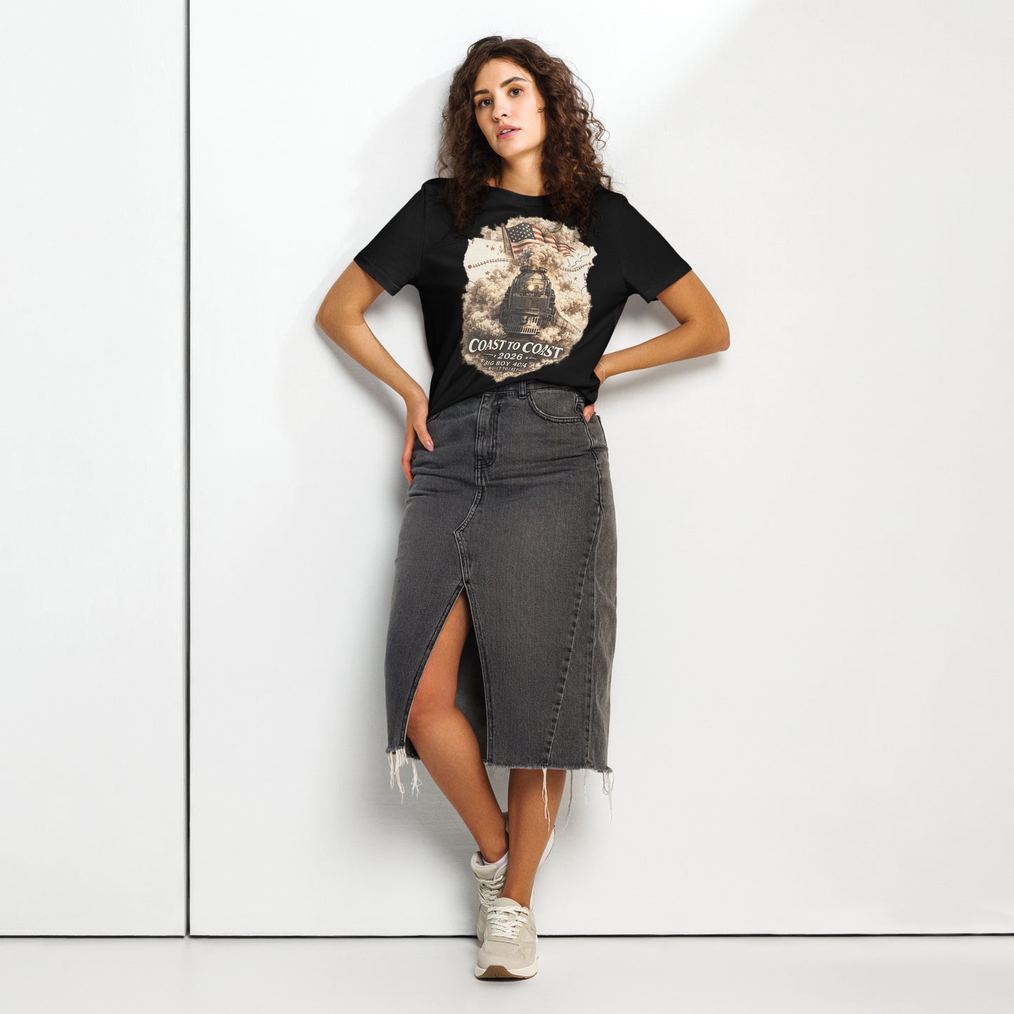 Women's black organic t-shirt featuring the Big Boy 4014 steam locomotive, a waving American flag, and a US map showing a track route, with text reading "Coast to Coast 2026", "Big Boy 4014", and "Built To Last".