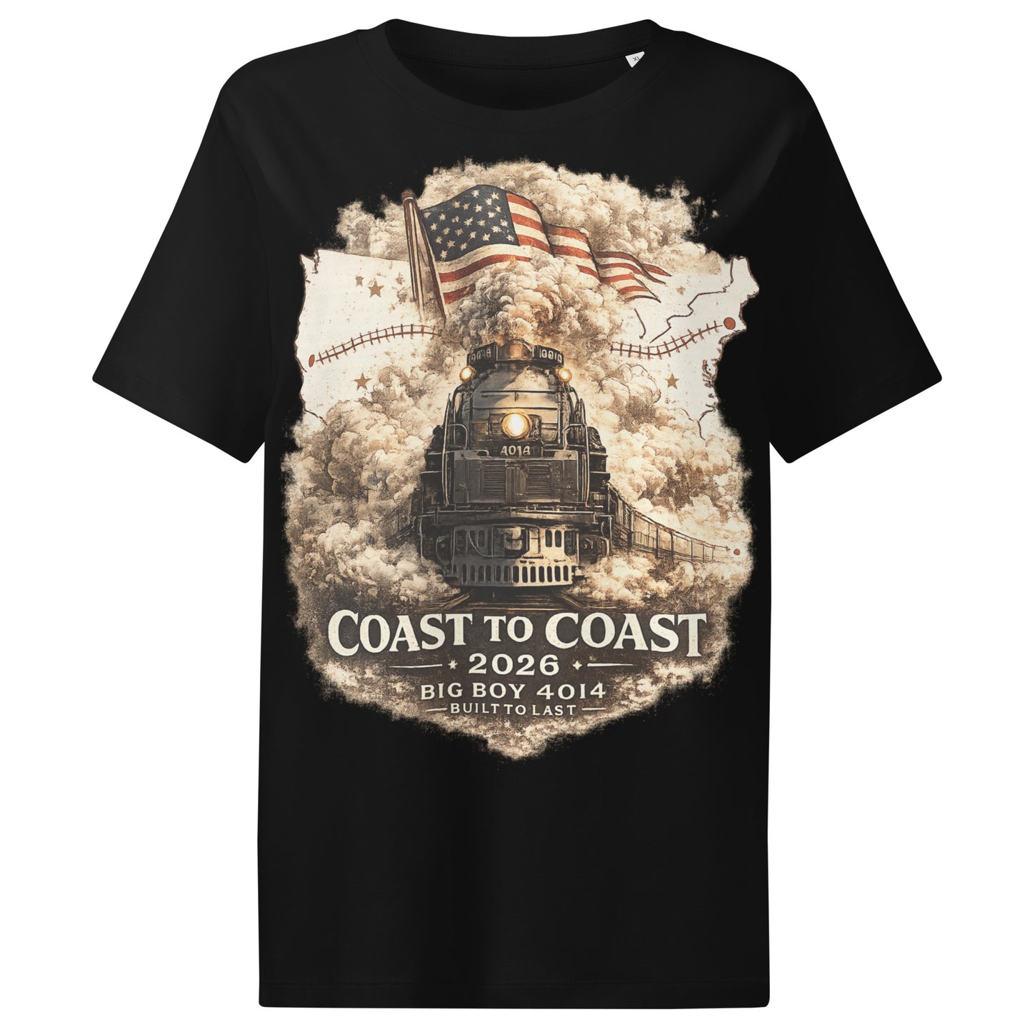 Women's black organic t-shirt featuring the Big Boy 4014 steam locomotive, a waving American flag, and a US map showing a track route, with text reading "Coast to Coast 2026", "Big Boy 4014", and "Built To Last".