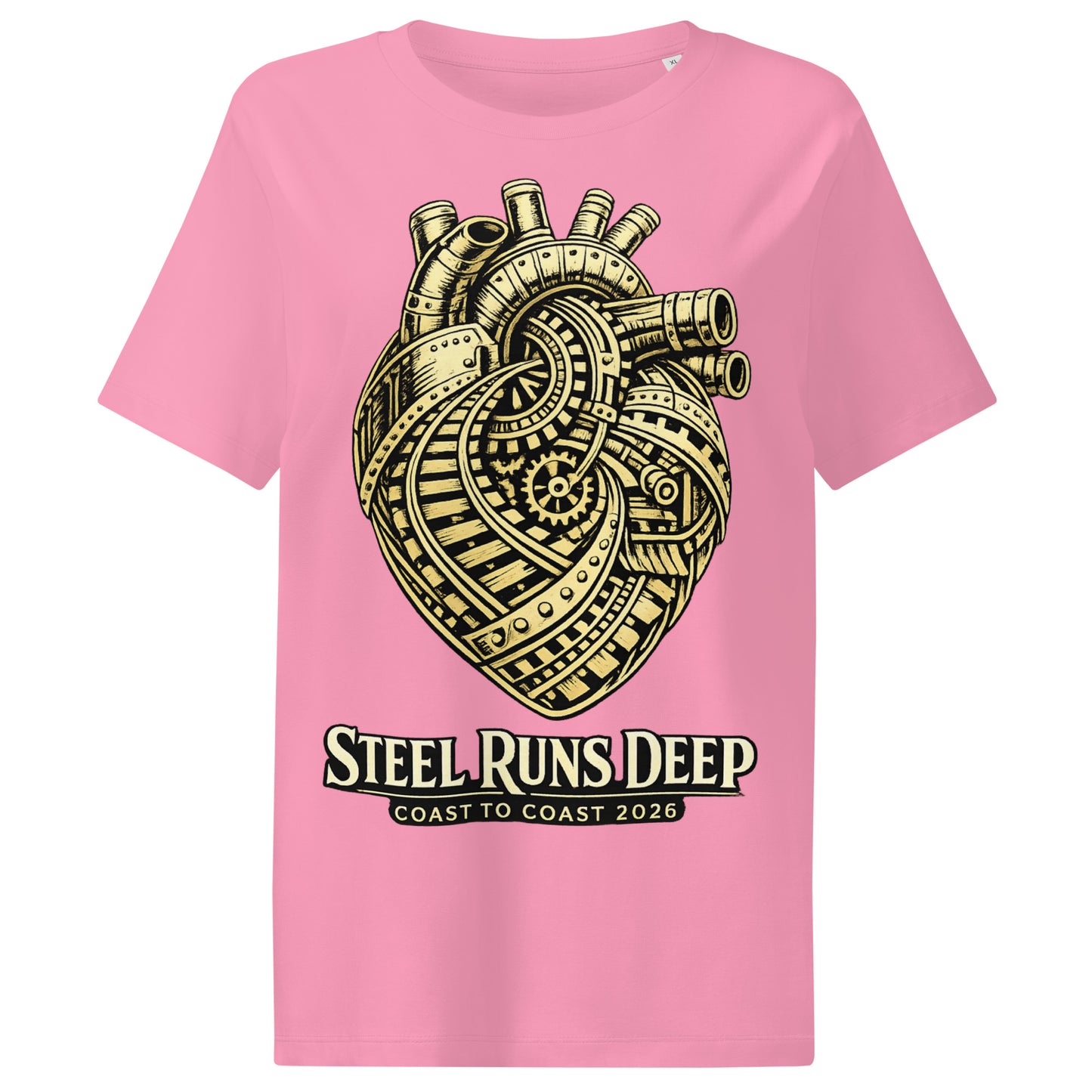 Pink women's t-shirt featuring an intricate vintage illustration of a mechanical heart made of train tracks and gears, with text reading "Steel Runs Deep" and "Coast to Coast 2026".