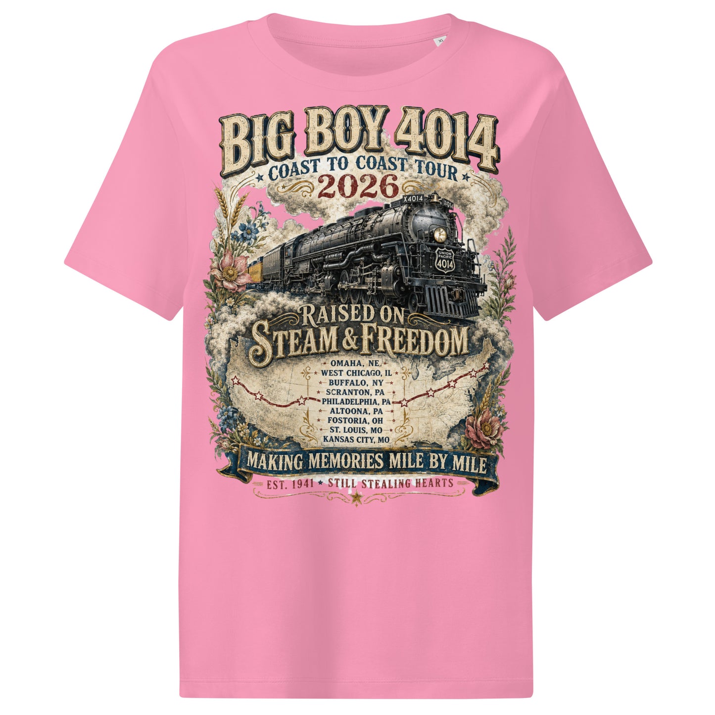 Pink t-shirt with a train graphic and text on a white background