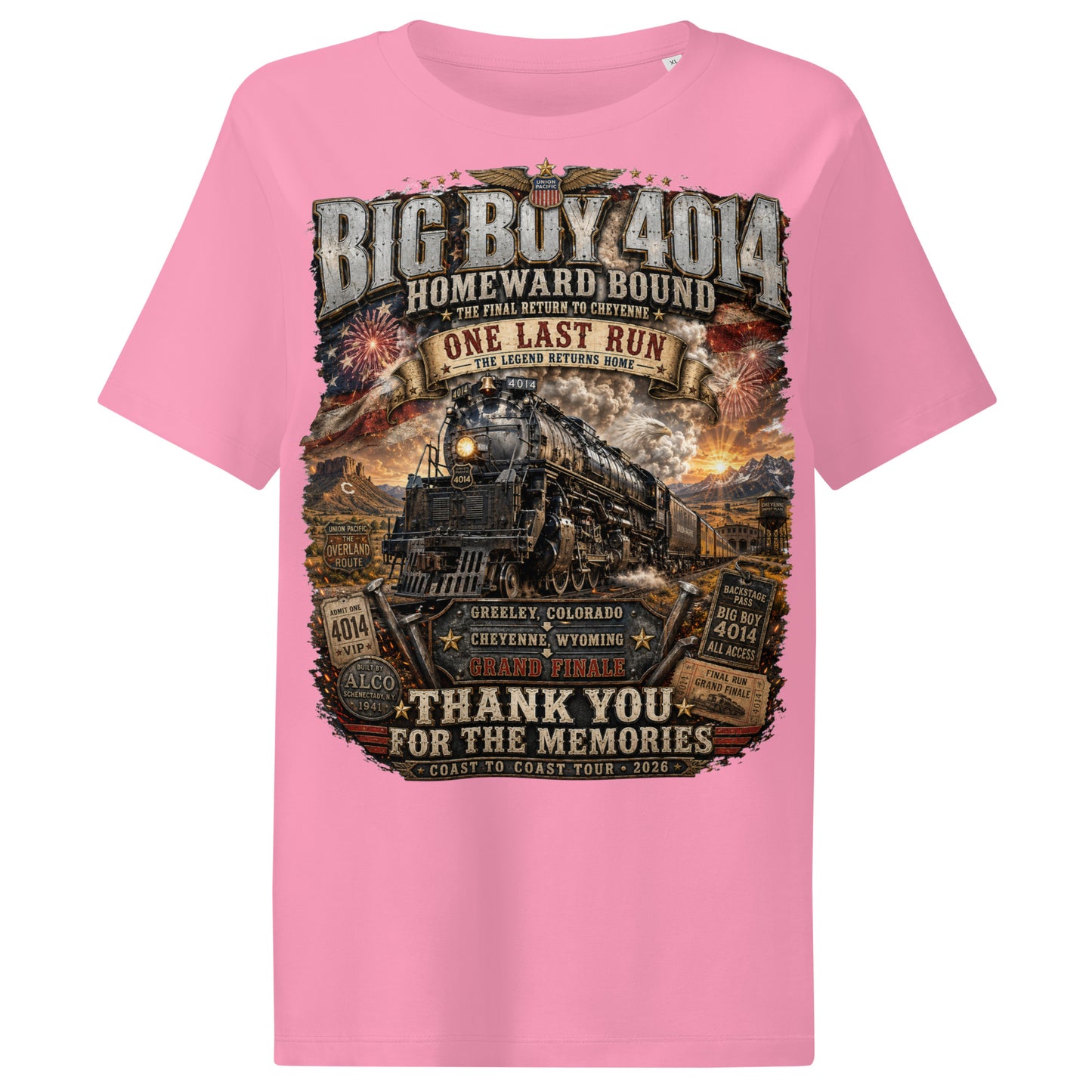 Pink women's ribbed neck t-shirt featuring an intricate graphic of the Big Boy 4014 steam locomotive charging through a western landscape with a sunset and fireworks in the sky. Text reads "BIG BOY 4014", "HOMEWARD BOUND", "THE FINAL RETURN TO CHEYENNE", "ONE LAST RUN", and "THANK YOU FOR THE MEMORIES". The design includes vintage ticket stubs and lists Greeley, Colorado and Cheyenne, Wyoming for the Grand Finale of the Coast to Coast Tour 2026.
