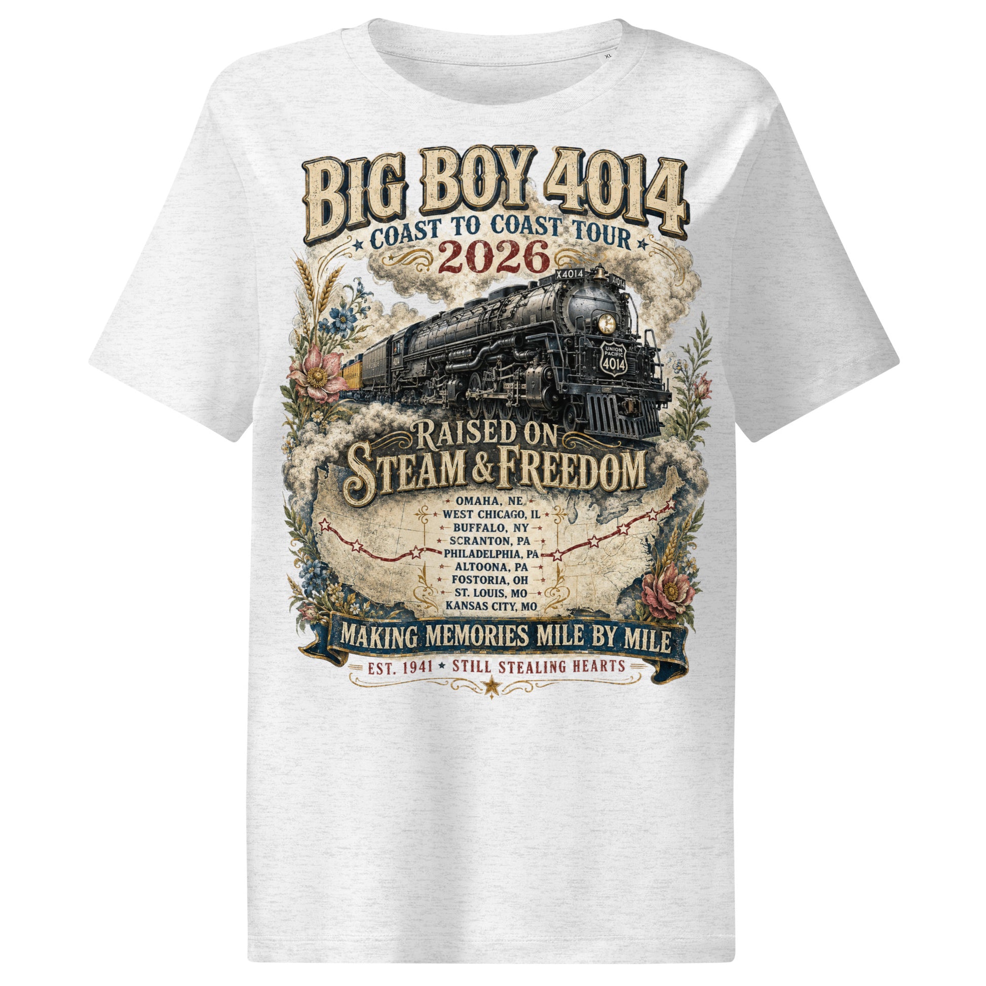 White t-shirt with steam locomotive graphic and text on a white background