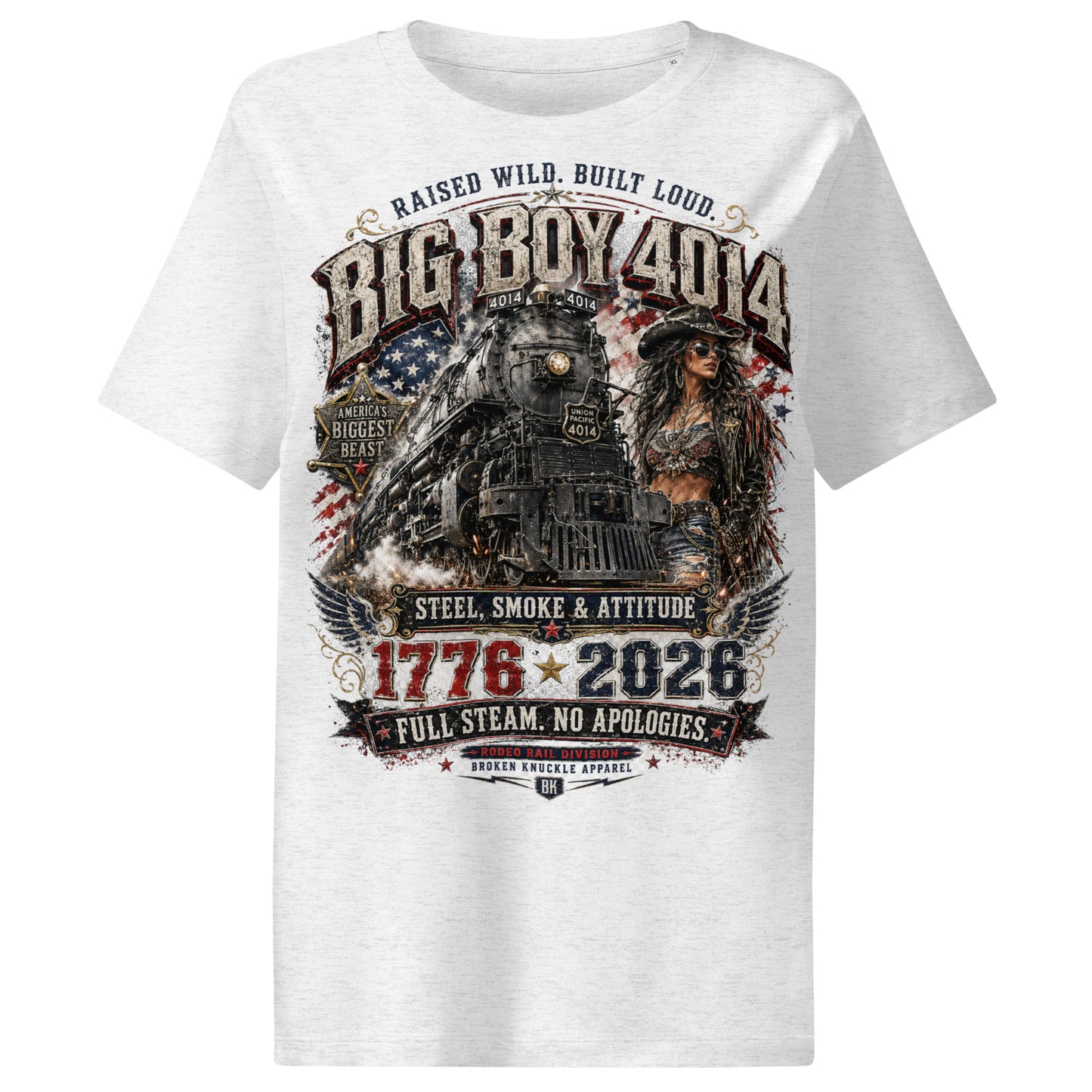 Cool grey women's ribbed neck t-shirt featuring a gritty graphic of the Big Boy 4014 steam locomotive next to a woman in a cowboy hat and leather jacket. The background includes a distressed American flag and eagle wings. Text reads "RAISED WILD. BUILT LOUD.", "BIG BOY 4014", "AMERICA'S BIGGEST BEAST", "STEEL, SMOKE & ATTITUDE", "1776 - 2026", "FULL STEAM. NO APOLOGIES.", and "RODEO RAIL DIVISION".