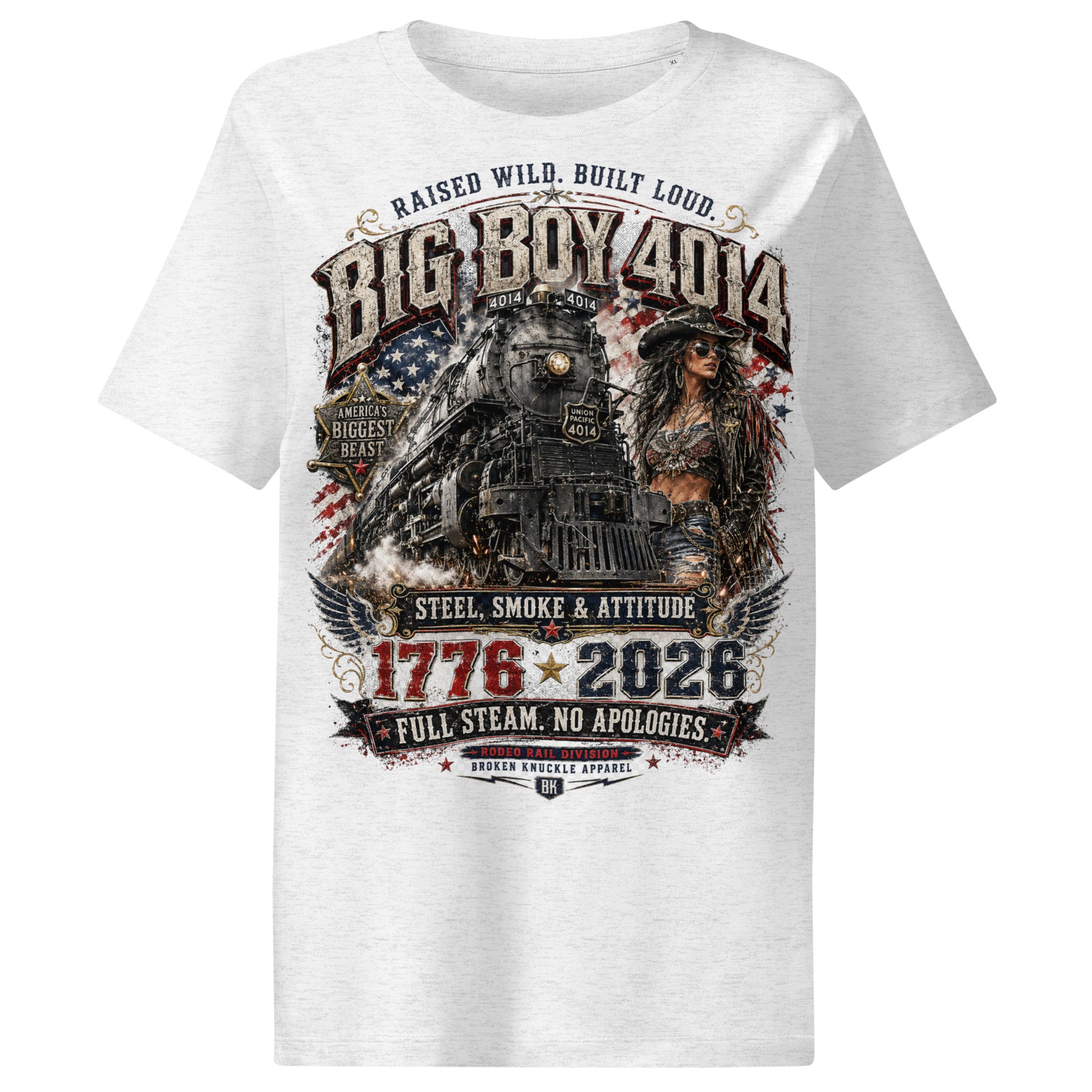 Cool grey women's ribbed neck t-shirt featuring a gritty graphic of the Big Boy 4014 steam locomotive next to a woman in a cowboy hat and leather jacket. The background includes a distressed American flag and eagle wings. Text reads "RAISED WILD. BUILT LOUD.", "BIG BOY 4014", "AMERICA'S BIGGEST BEAST", "STEEL, SMOKE & ATTITUDE", "1776 - 2026", "FULL STEAM. NO APOLOGIES.", and "RODEO RAIL DIVISION".