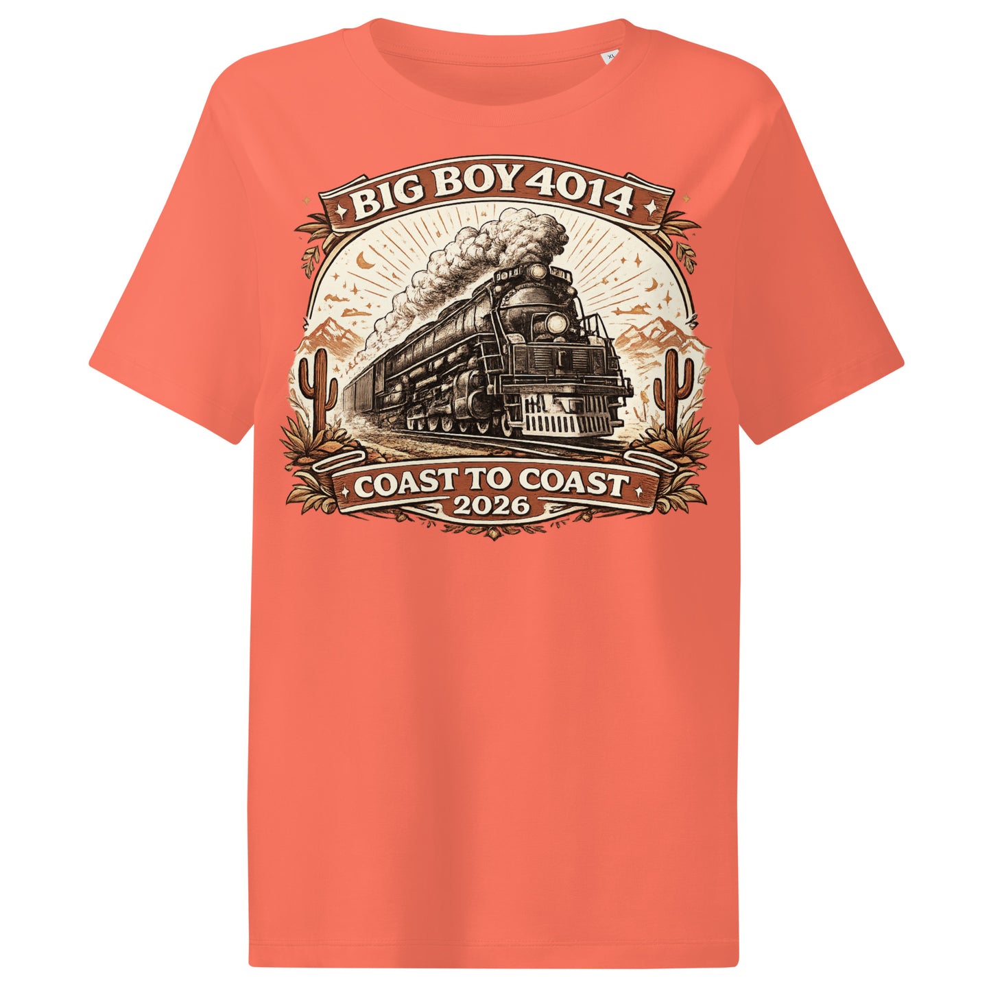 Coral t-shirt with a train graphic and text on a white background