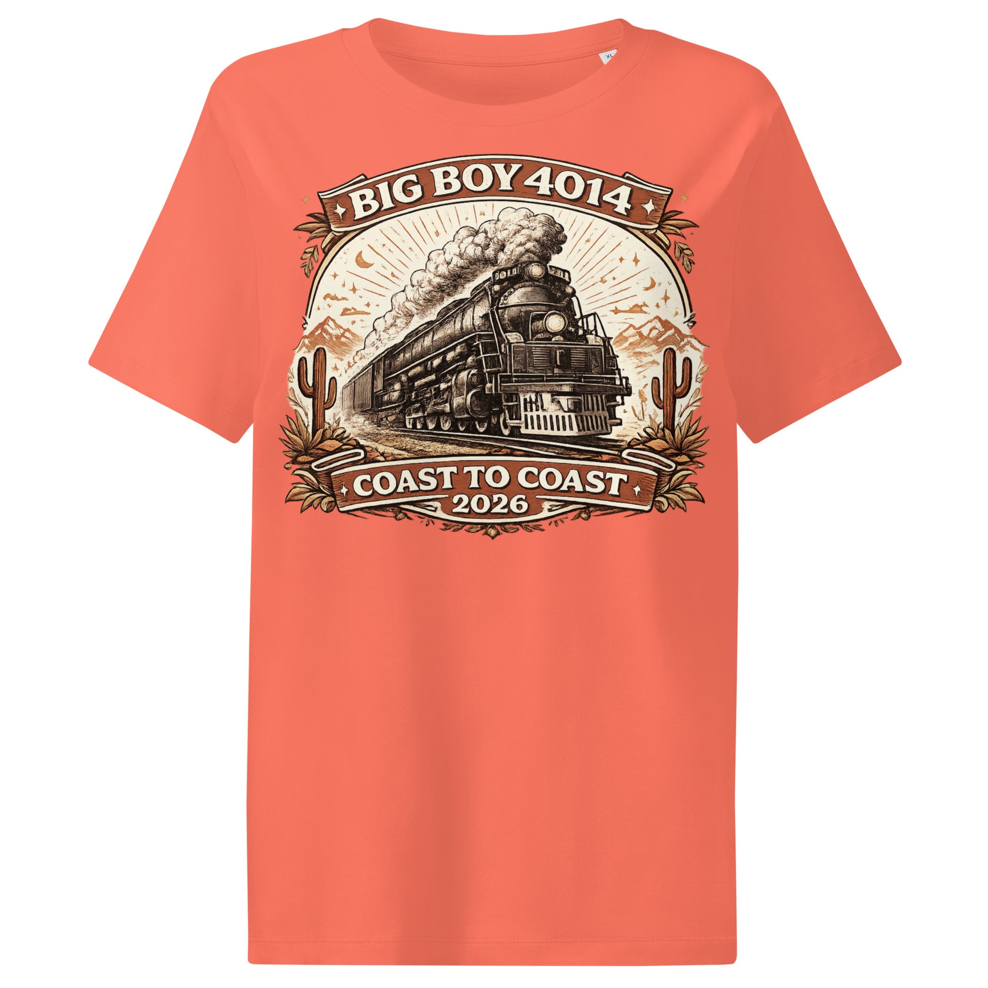 Coral t-shirt with a train graphic and text on a white background