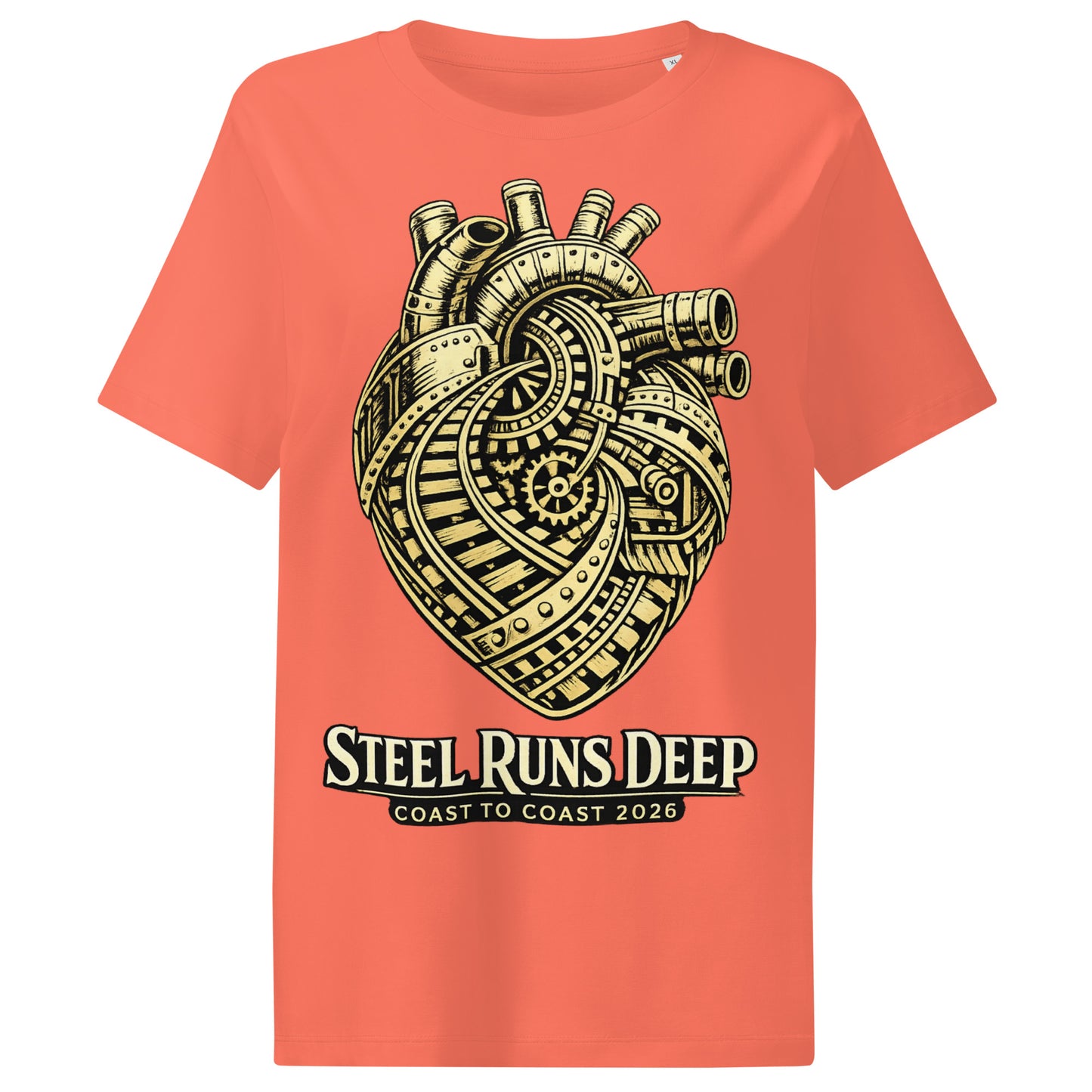 Orange women's t-shirt featuring an intricate vintage illustration of a mechanical heart made of train tracks and gears, with text reading "Steel Runs Deep" and "Coast to Coast 2026".