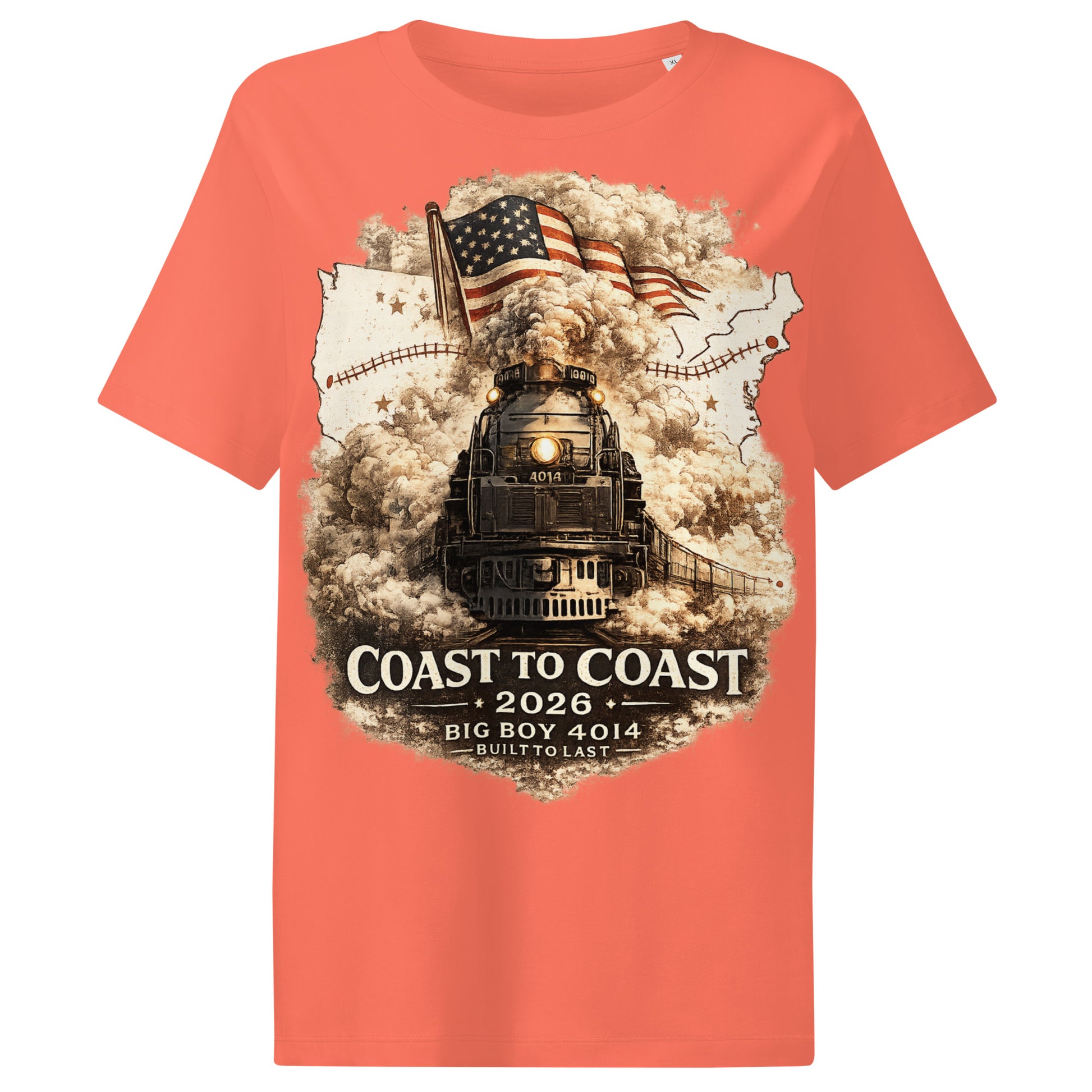 Women's orange organic t-shirt featuring the Big Boy 4014 steam locomotive, a waving American flag, and a US map showing a track route, with text reading "Coast to Coast 2026", "Big Boy 4014", and "Built To Last".