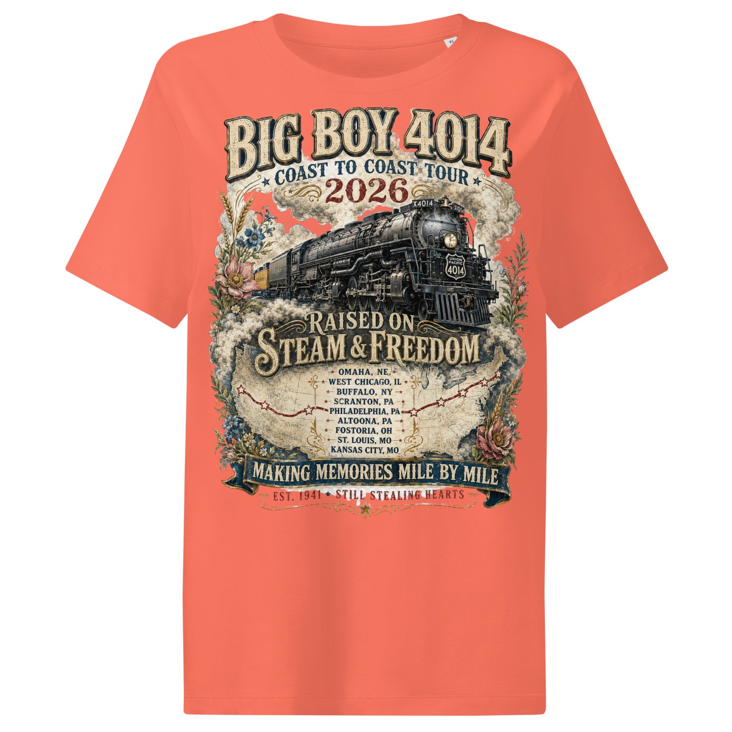 Orange t-shirt with steam locomotive graphic and text on a white background