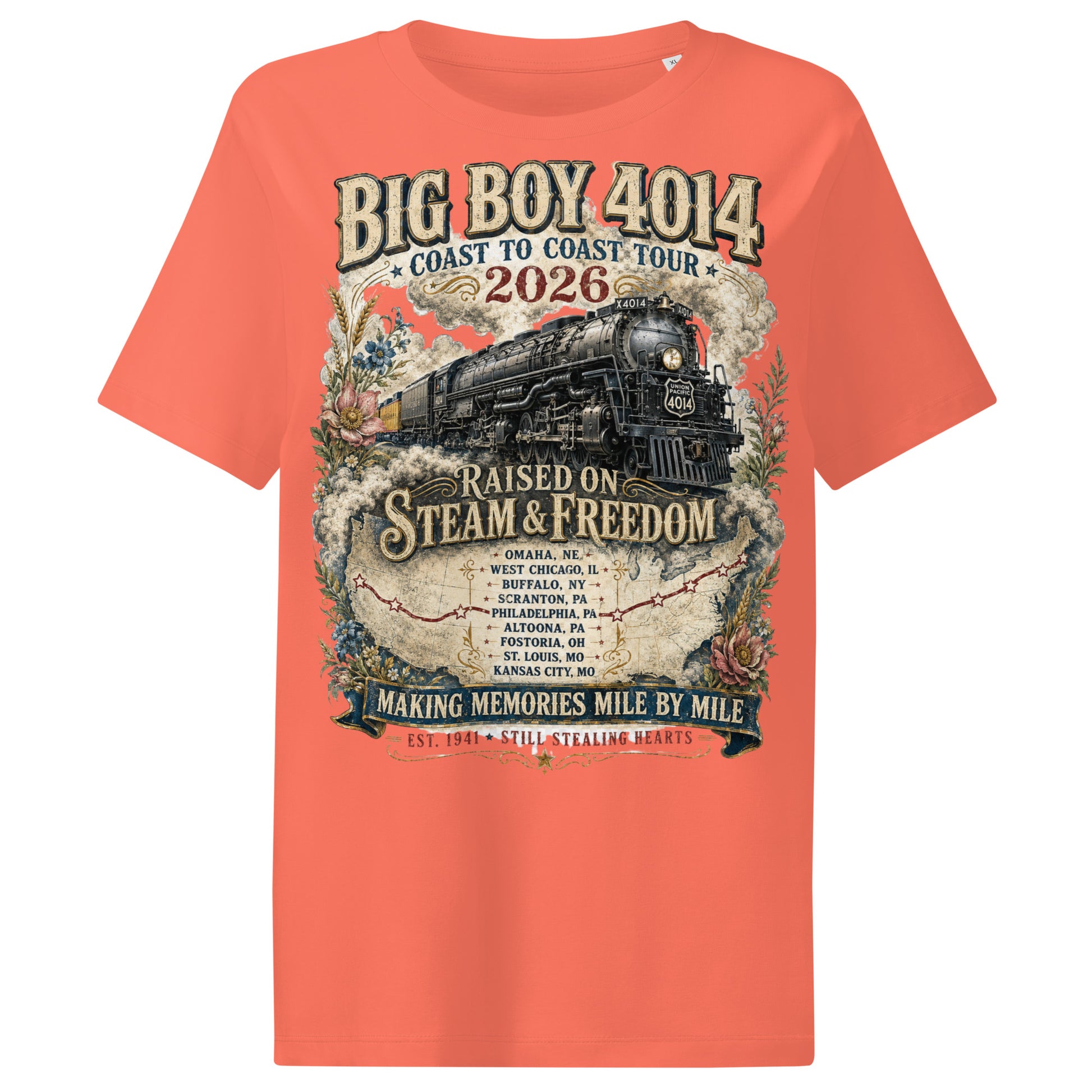 Orange t-shirt with steam locomotive graphic and text on a white background