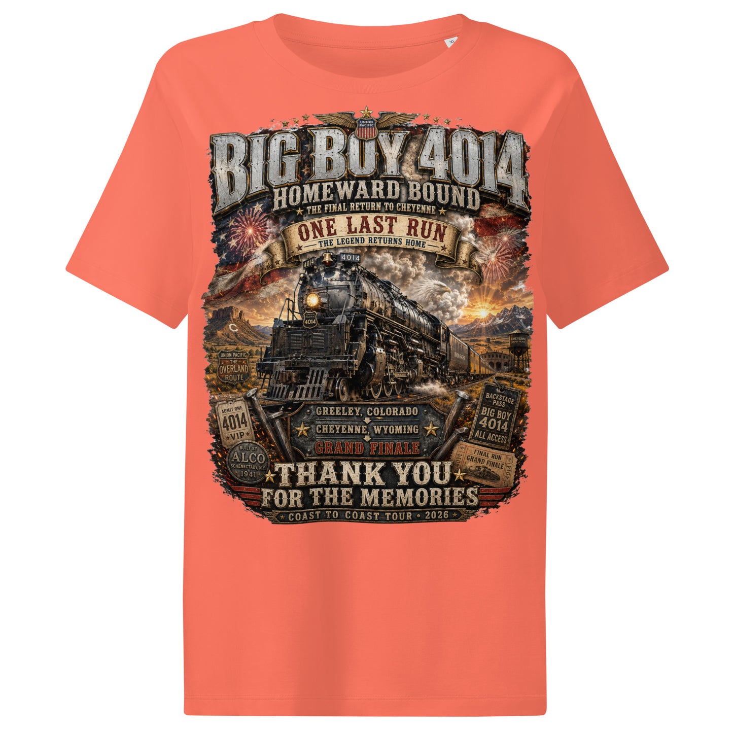 orange women's ribbed neck t-shirt featuring an intricate graphic of the Big Boy 4014 steam locomotive charging through a western landscape with a sunset and fireworks in the sky. Text reads "BIG BOY 4014", "HOMEWARD BOUND", "THE FINAL RETURN TO CHEYENNE", "ONE LAST RUN", and "THANK YOU FOR THE MEMORIES". The design includes vintage ticket stubs and lists Greeley, Colorado and Cheyenne, Wyoming for the Grand Finale of the Coast to Coast Tour 2026.