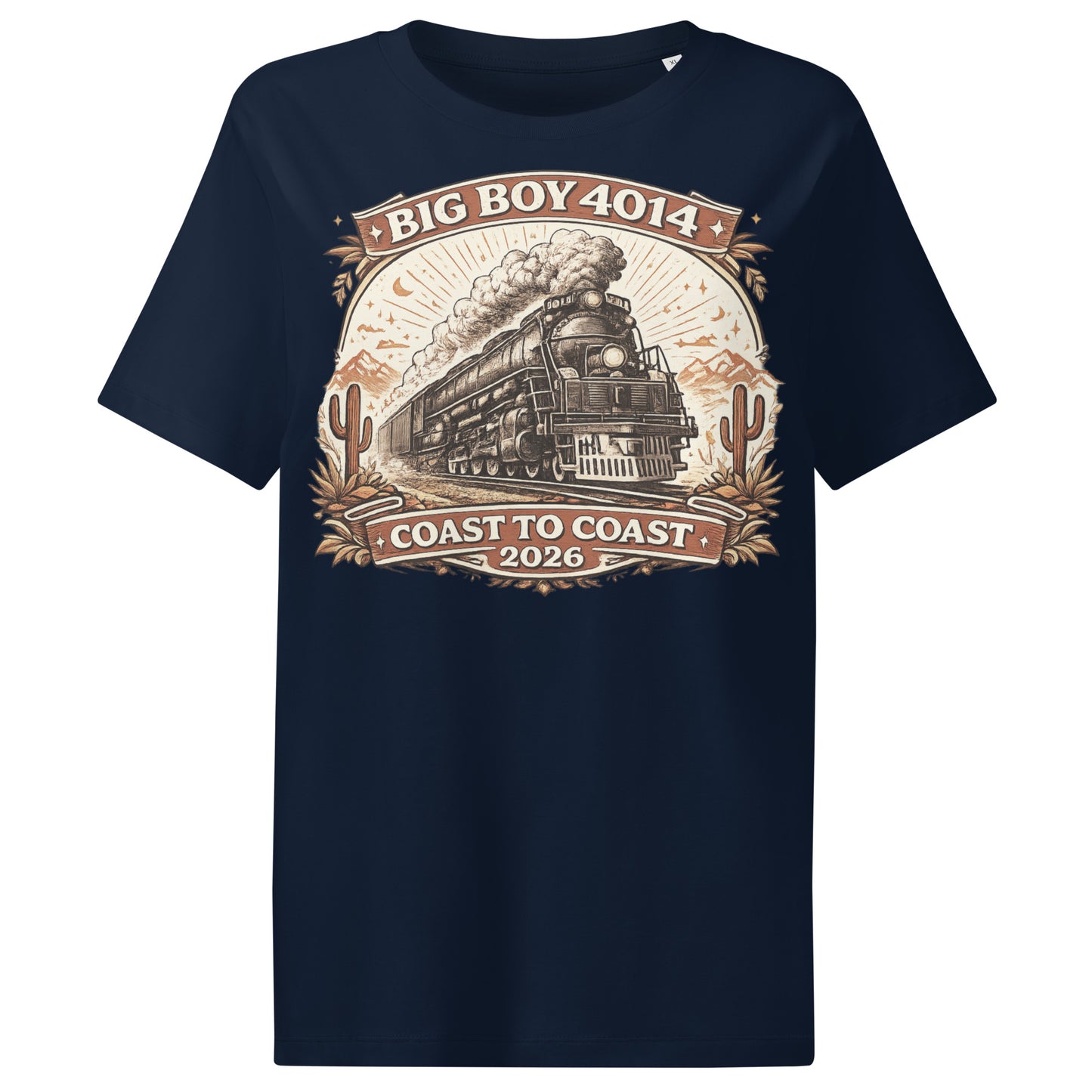 Navy blue t-shirt with a train graphic and text on a white background