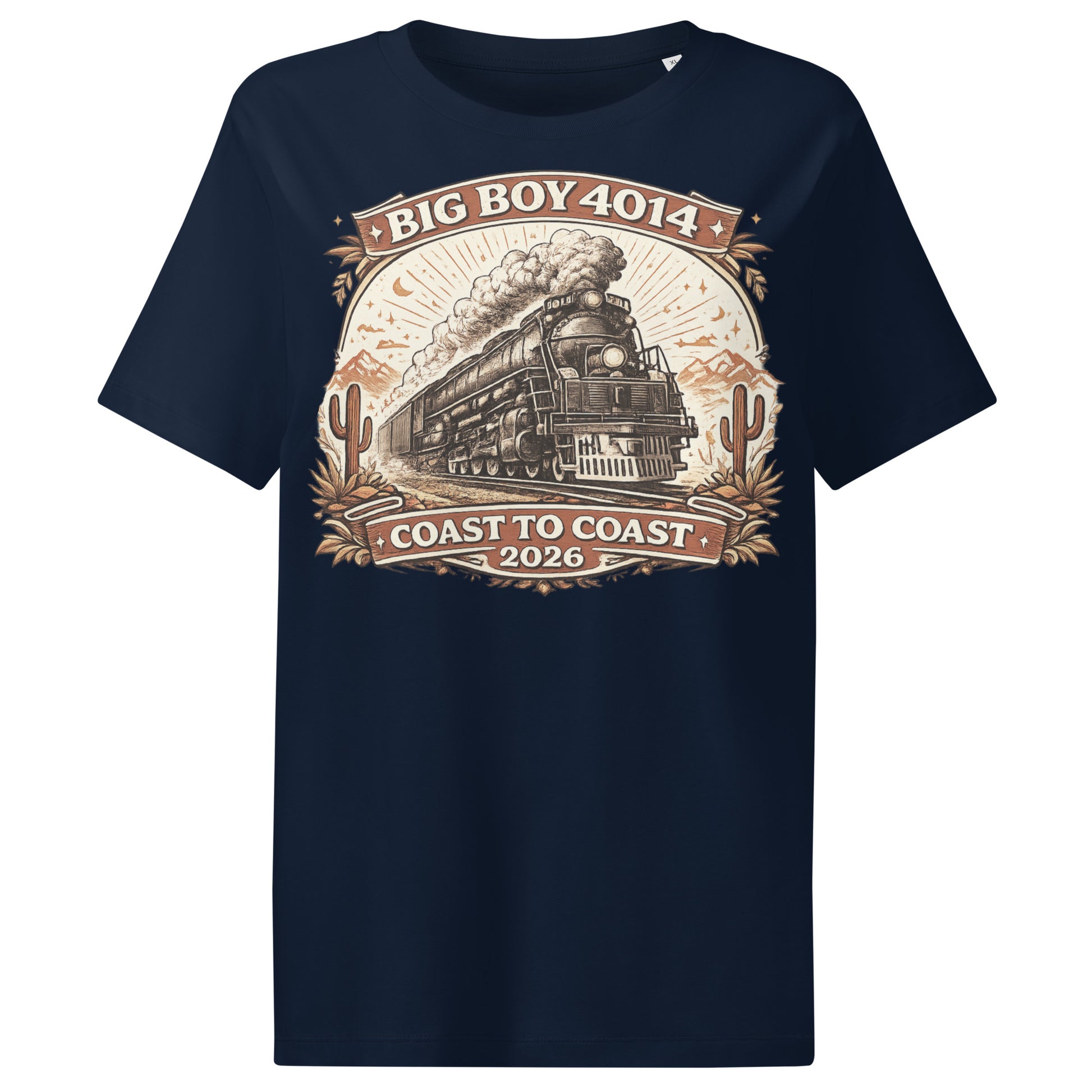 Navy blue t-shirt with a train graphic and text on a white background