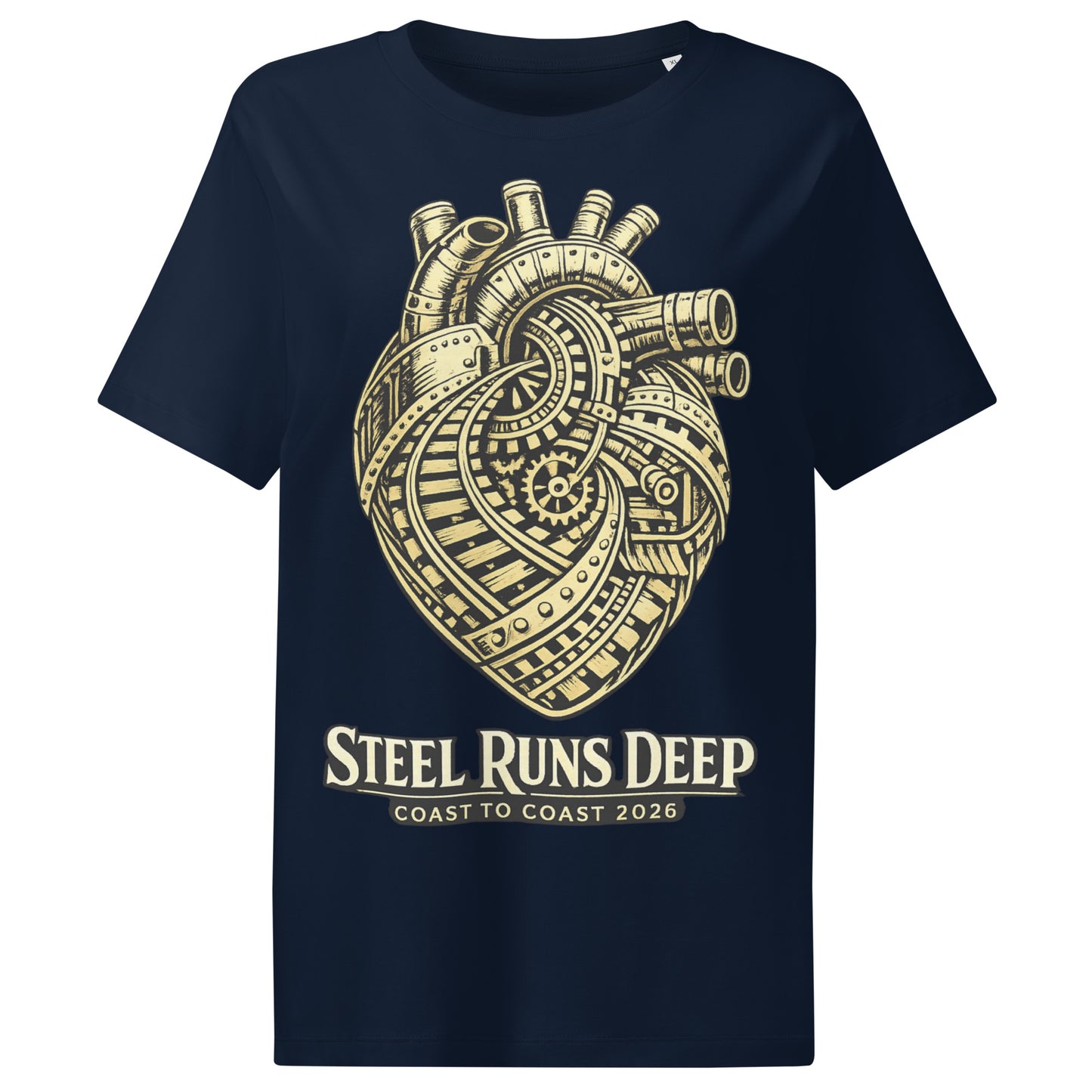 Navy women's t-shirt featuring an intricate vintage illustration of a mechanical heart made of train tracks and gears, with text reading "Steel Runs Deep" and "Coast to Coast 2026".