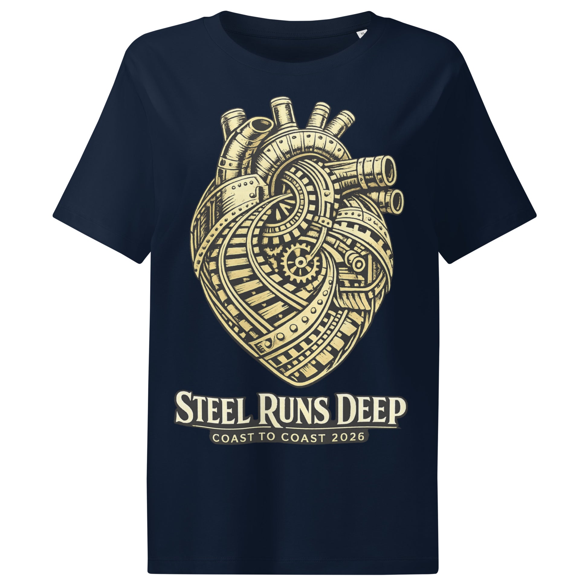 Navy women's t-shirt featuring an intricate vintage illustration of a mechanical heart made of train tracks and gears, with text reading "Steel Runs Deep" and "Coast to Coast 2026".