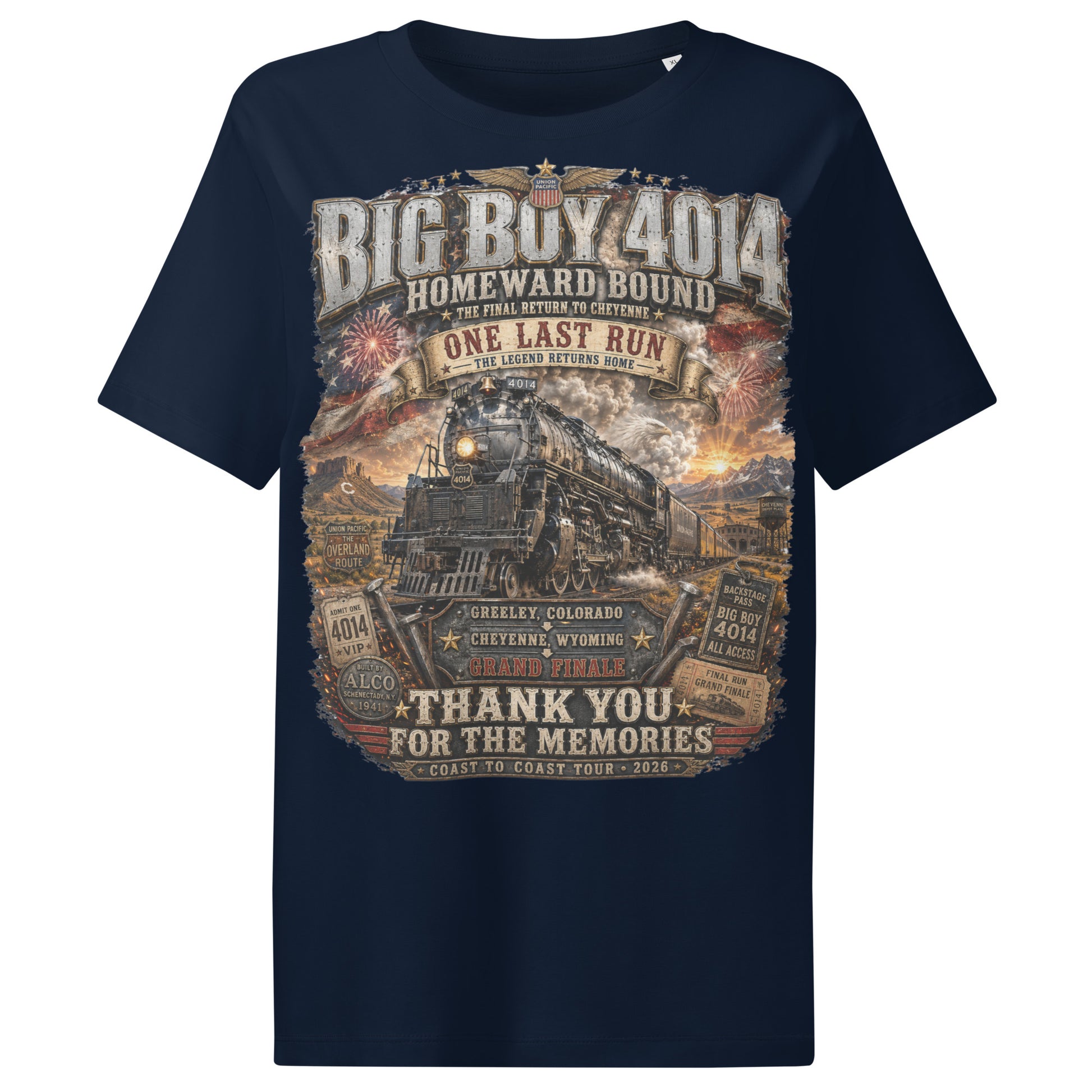 Navy women's ribbed neck t-shirt featuring an intricate graphic of the Big Boy 4014 steam locomotive charging through a western landscape with a sunset and fireworks in the sky. Text reads "BIG BOY 4014", "HOMEWARD BOUND", "THE FINAL RETURN TO CHEYENNE", "ONE LAST RUN", and "THANK YOU FOR THE MEMORIES". The design includes vintage ticket stubs and lists Greeley, Colorado and Cheyenne, Wyoming for the Grand Finale of the Coast to Coast Tour 2026.